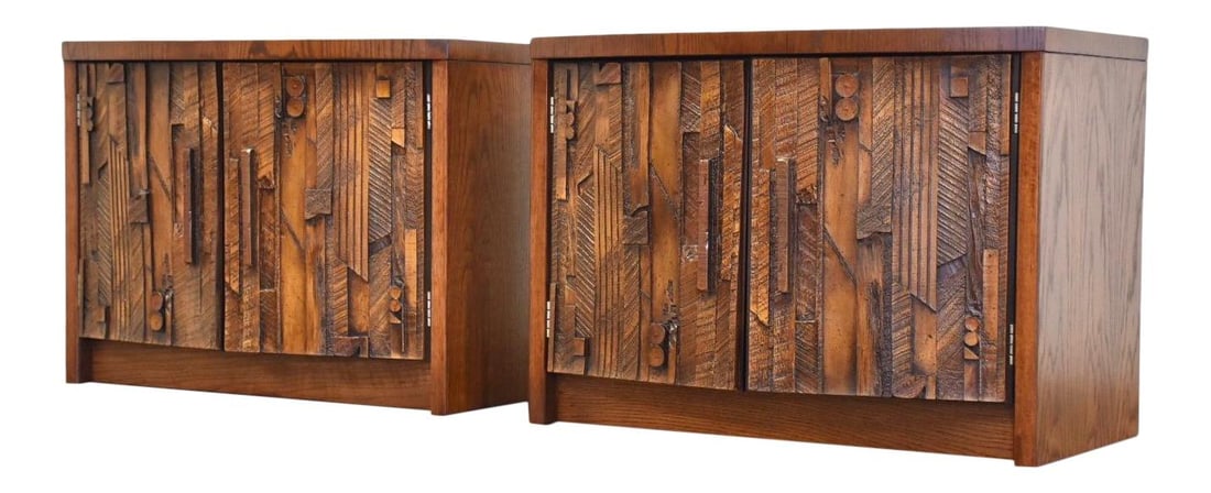 Mid-Century Modern Brutalist Lane Pueblo Nightstands Pair: Mid-Century Modern Brutalist Lane Pueblo Nightstands Pair This pair of mid-century modern nightstands by Lane, known as the "Pueblo" style, showcases a striking brutalist design reminiscent of Paul Ev