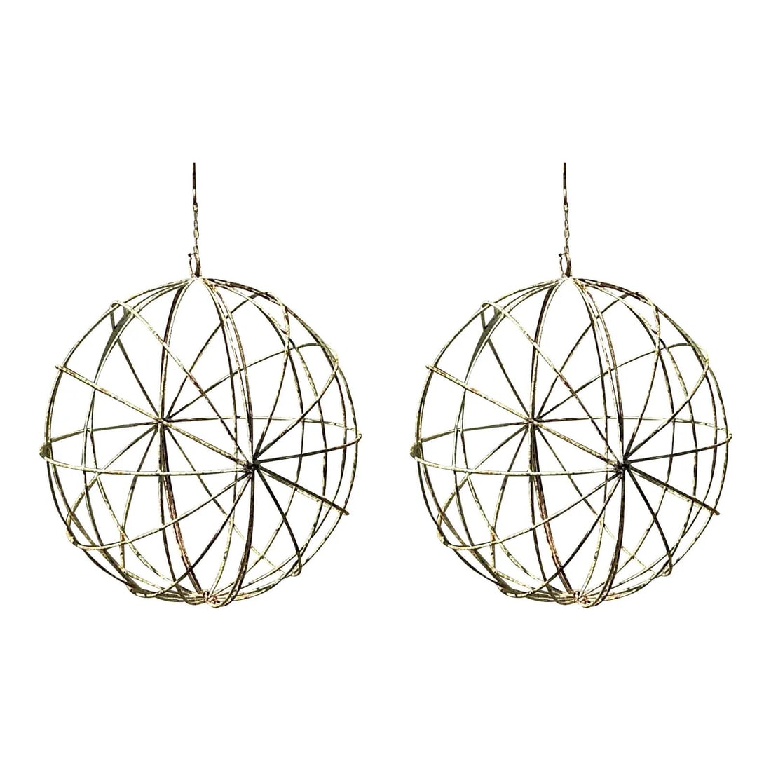 Vintage Boho Distressed Iron Spheres Pair 21.25 Inch Celadon: Vintage Boho Distressed Iron Spheres Pair 21.25 Inch Celadon Enhance your home or garden with this stunning pair of vintage distressed iron spheres. Featuring a unique openwork, globe-like design and