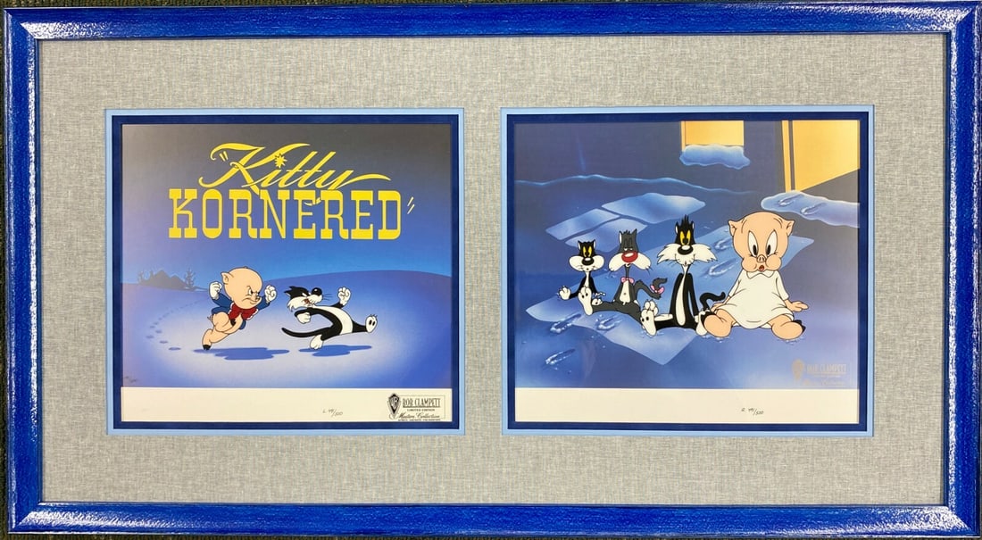 Kitty Kornered Limited Edition Framed Hand Painted Cel Featuring Porky Pig: Kitty Kornered Limited Edition Framed Hand Painted Cel Featuring Porky Pig This is a limited edition hand-painted animation cel titled "Kitty Kornered," featuring Porky Pig and created by renowned ill