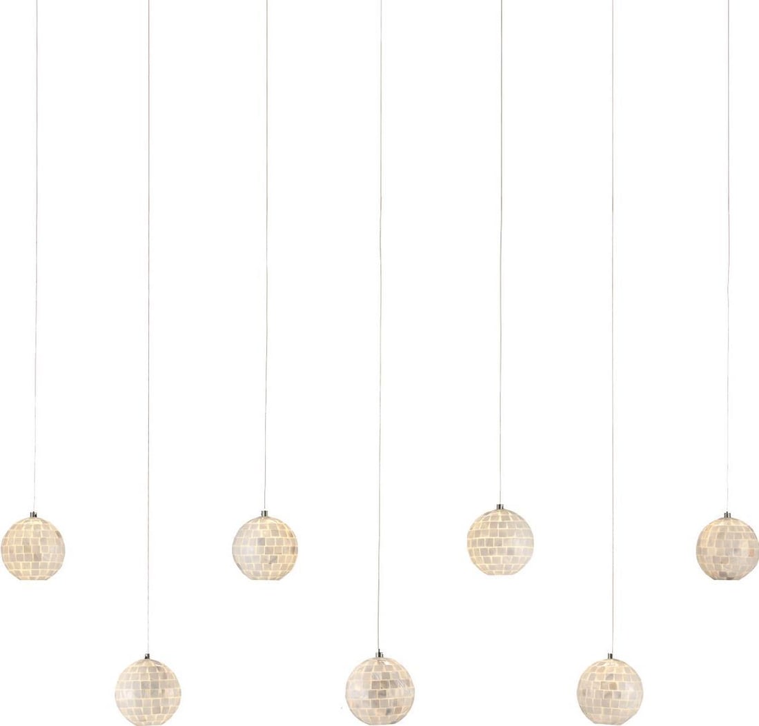 Currey Finhorn 7-Light Pendant with Mother of Pearl Shades: Currey Finhorn 7-Light Pendant with Mother of Pearl Shades Illuminate your space with the stunning Finhorn 7-Light Pendant featuring exquisite mother of pearl shades. This elegantly designed multi-dro