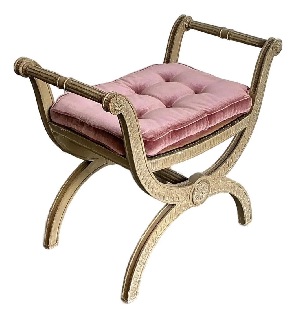 Neoclassical Gold Gilt Curule Bench With Rose Velvet Upholstery (1 of 10)