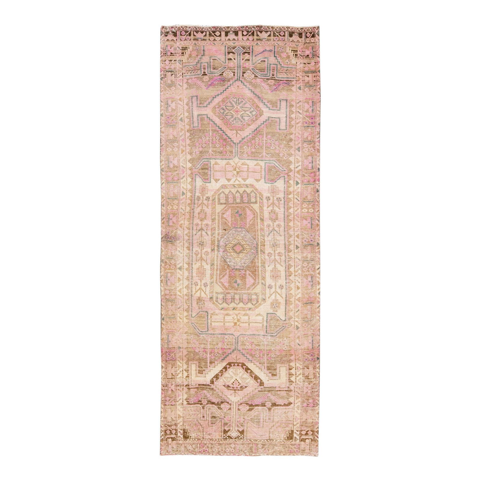 Vintage Persian Handmade Rose Wool Runner 4'1 x 10'10 Geometric Design: Vintage Persian Handmade Rose Wool Runner 4'1 x 10'10 Geometric Design Add a touch of elegance to your space with this stunning vintage Persian runner rug. Handcrafted from high-quality wool, this pie