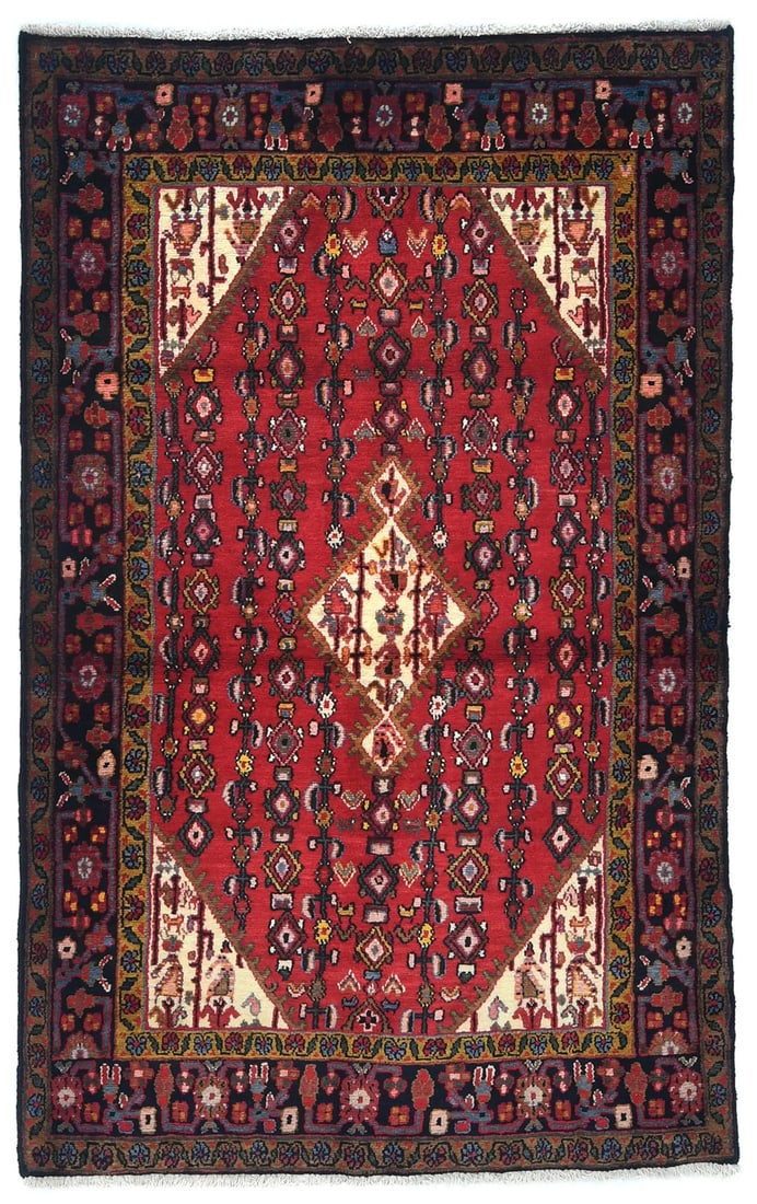 Hand-Knotted Vintage Tribal Floral Wool Oriental Rug 4'1 x 6'6 Red: Hand-Knotted Vintage Tribal Floral Wool Oriental Rug 4'1 x 6'6 Red This exquisite hand-knotted vintage tribal rug features a stunning floral pattern in vibrant hues of red, charcoal, cream, gold, blue