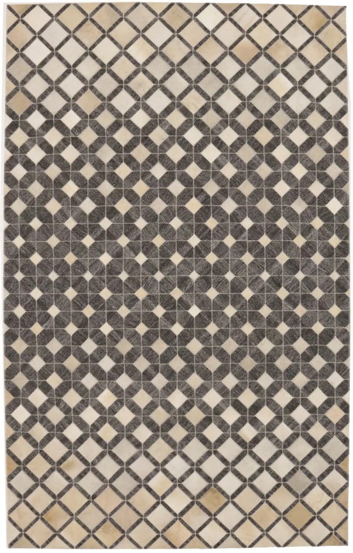 Gray Geometric Faux Leather Area Rug 5x8 Modern Handcrafted Carpet: Gray Geometric Faux Leather Area Rug 5x8 Modern Handcrafted Carpet This hand-stitched area rug features a modern geometric design in gray and beige tones. Crafted from faux leather cowhide, it has a f