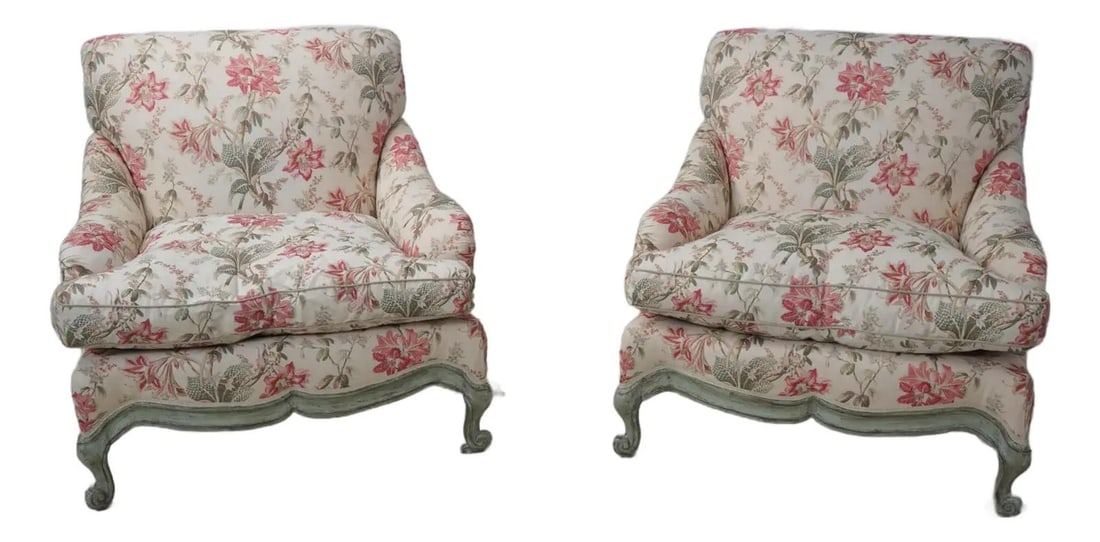 Pair of Louis XV Style Upholstered Bergere Chairs with Floral Design (1 of 10)