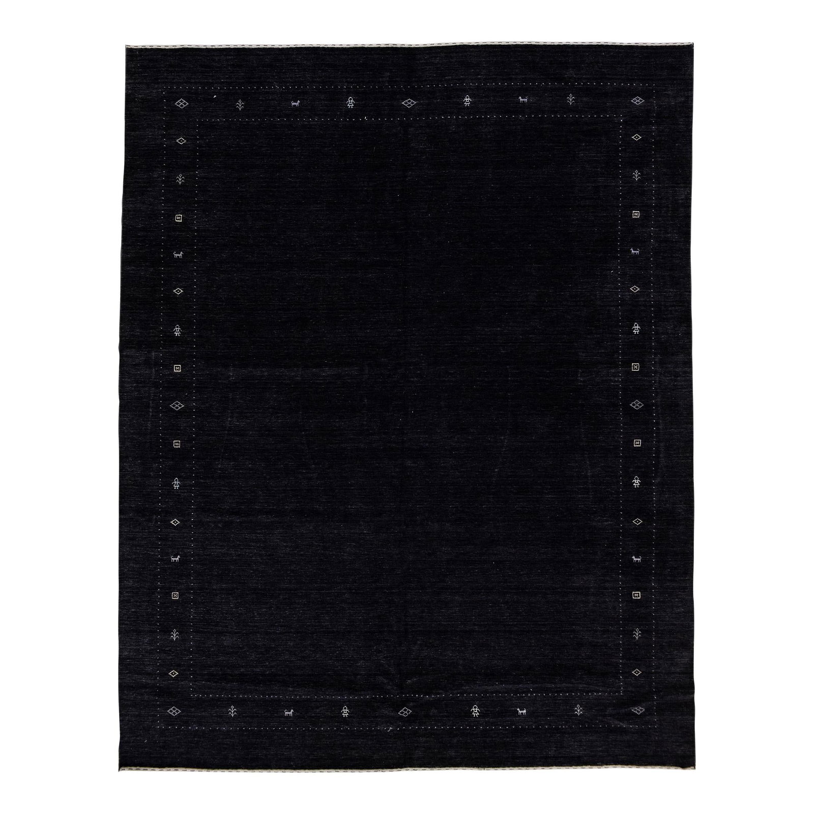 Handmade Contemporary Gabbeh Wool Rug 12' x 15' Black White Motif: Handmade Contemporary Gabbeh Wool Rug 12' x 15' Black White Motif This stunning handmade Gabbeh-style wool rug features a modern minimalist motif, showcasing a rich black color field enhanced by elega