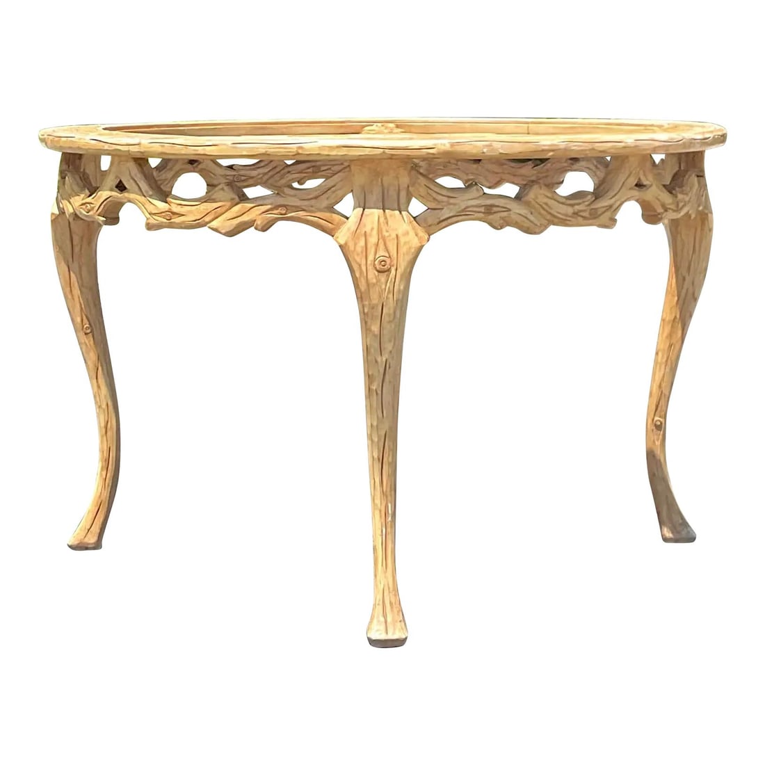 Vintage Regency Faux Bois Dining Table with Glass Top: Vintage Regency Faux Bois Dining Table with Glass Top This exquisite mid-20th century vintage Regency dining table showcases beautiful hand-carved details in a classic Faux Bois design. The table feat