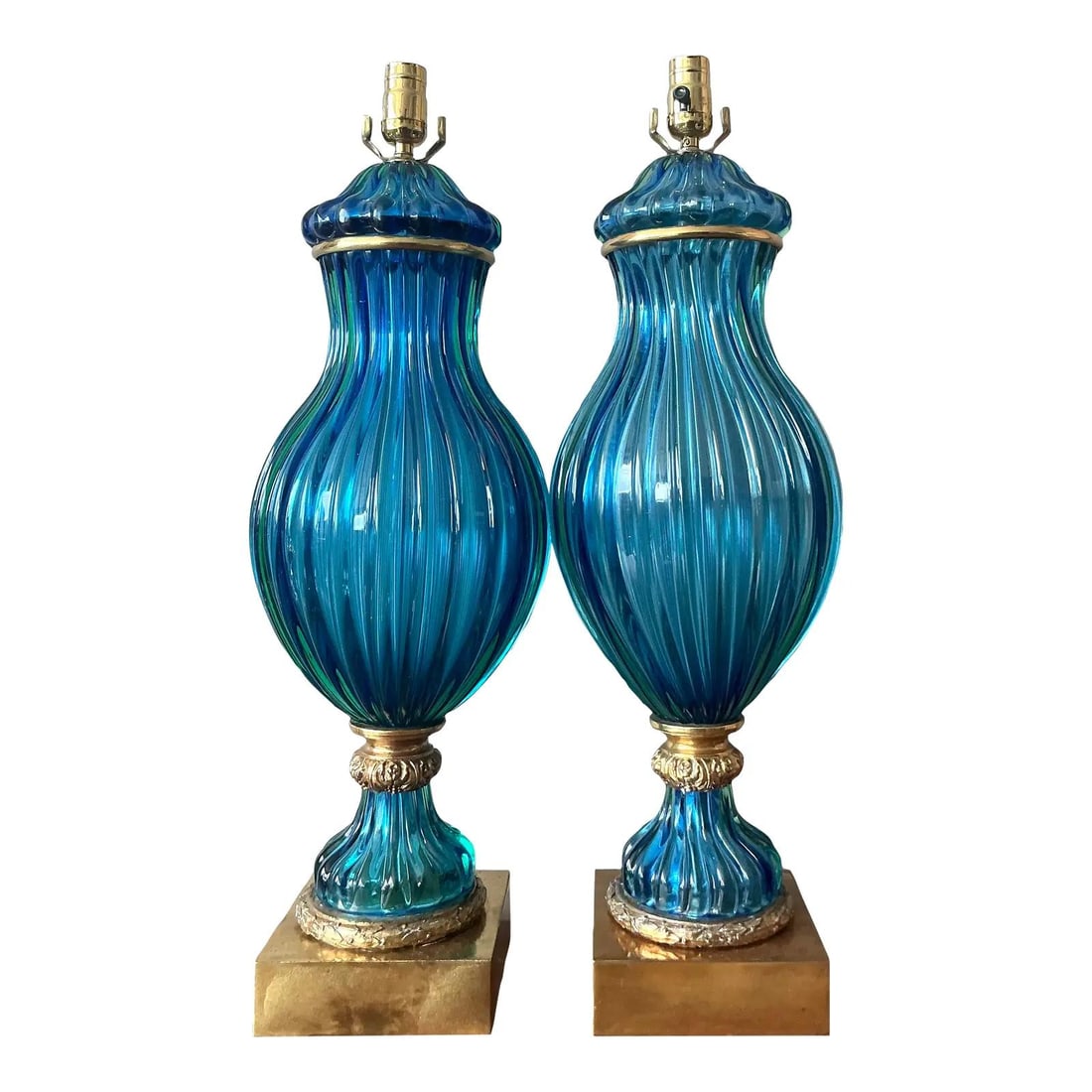 Pair of Italian Teal Art Glass Table Lamps in Style of Murano (1 of 8)