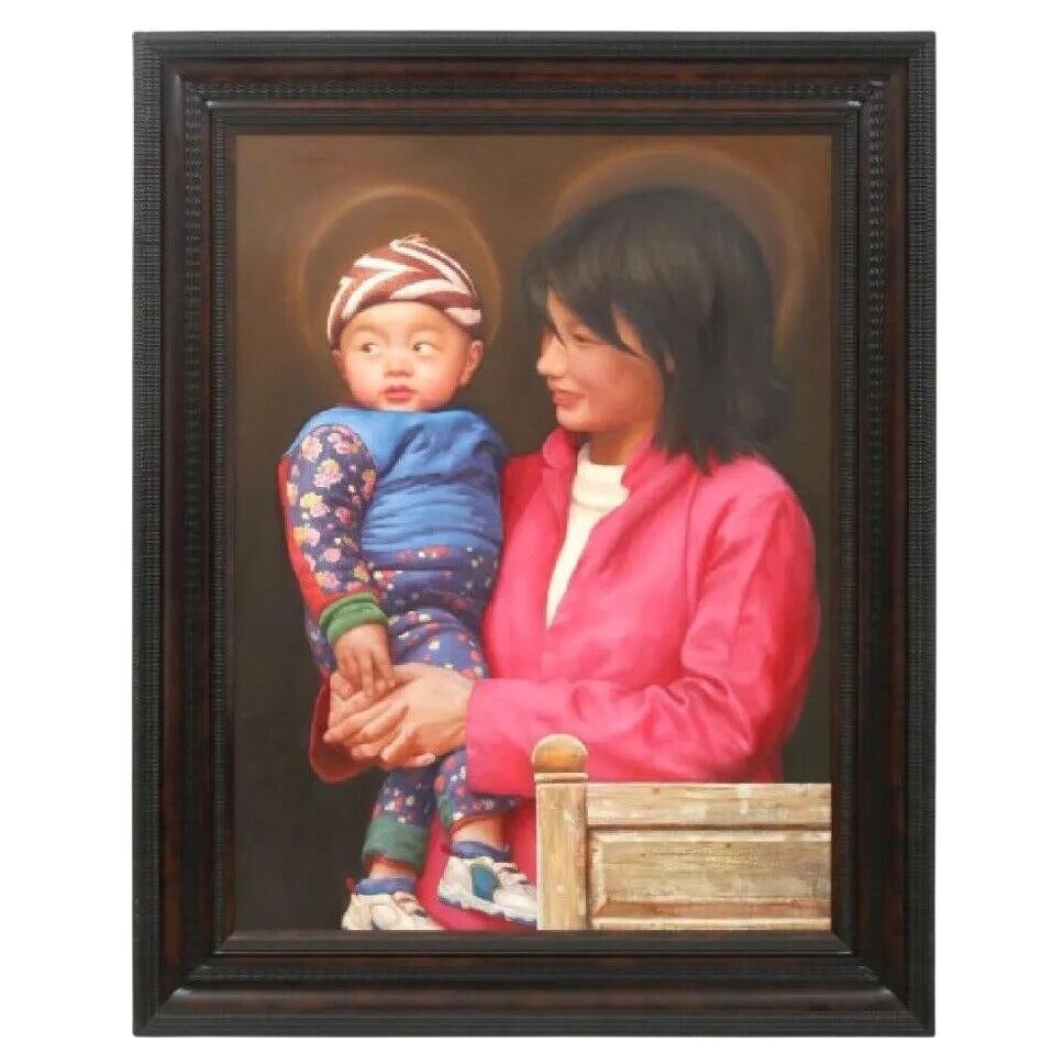 Portrait Oil on Canvas Depicting Mother and Child by Yanzhou Xu: Portrait Oil on Canvas Depicting Mother and Child by Yanzhou Xu This oil painting features a portrait of a proud mother and an angelic child, created by the acclaimed Chinese artist Yanzhou Xu. The ar