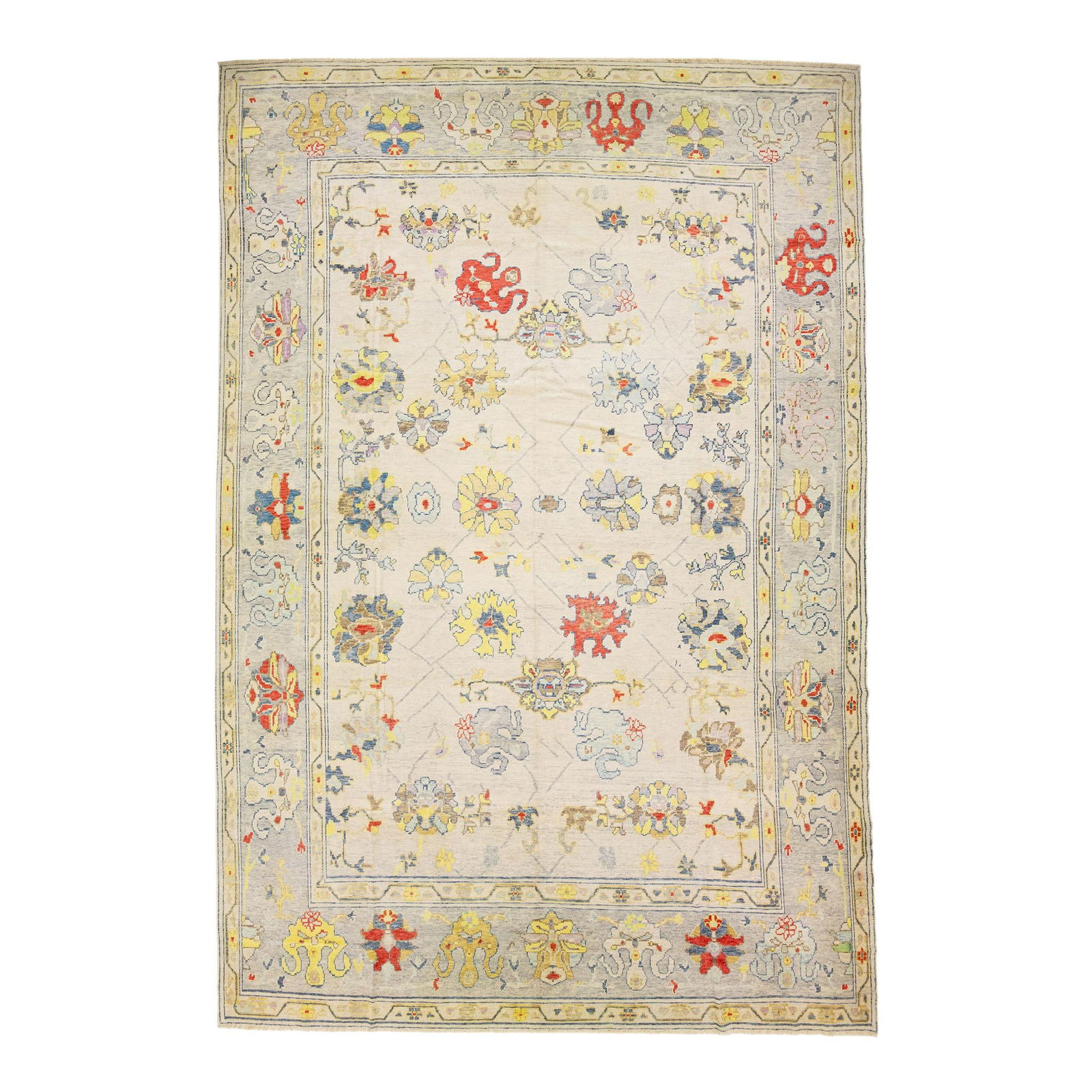 Handmade Turkish Oushak Wool Rug Multicolor Floral Design 13'10 x 20'9: Handmade Turkish Oushak Wool Rug Multicolor Floral Design 13'10 x 20'9 Transform your living space with this stunning Turkish Oushak wool rug, a masterpiece of contemporary design. Hand-knotted with m