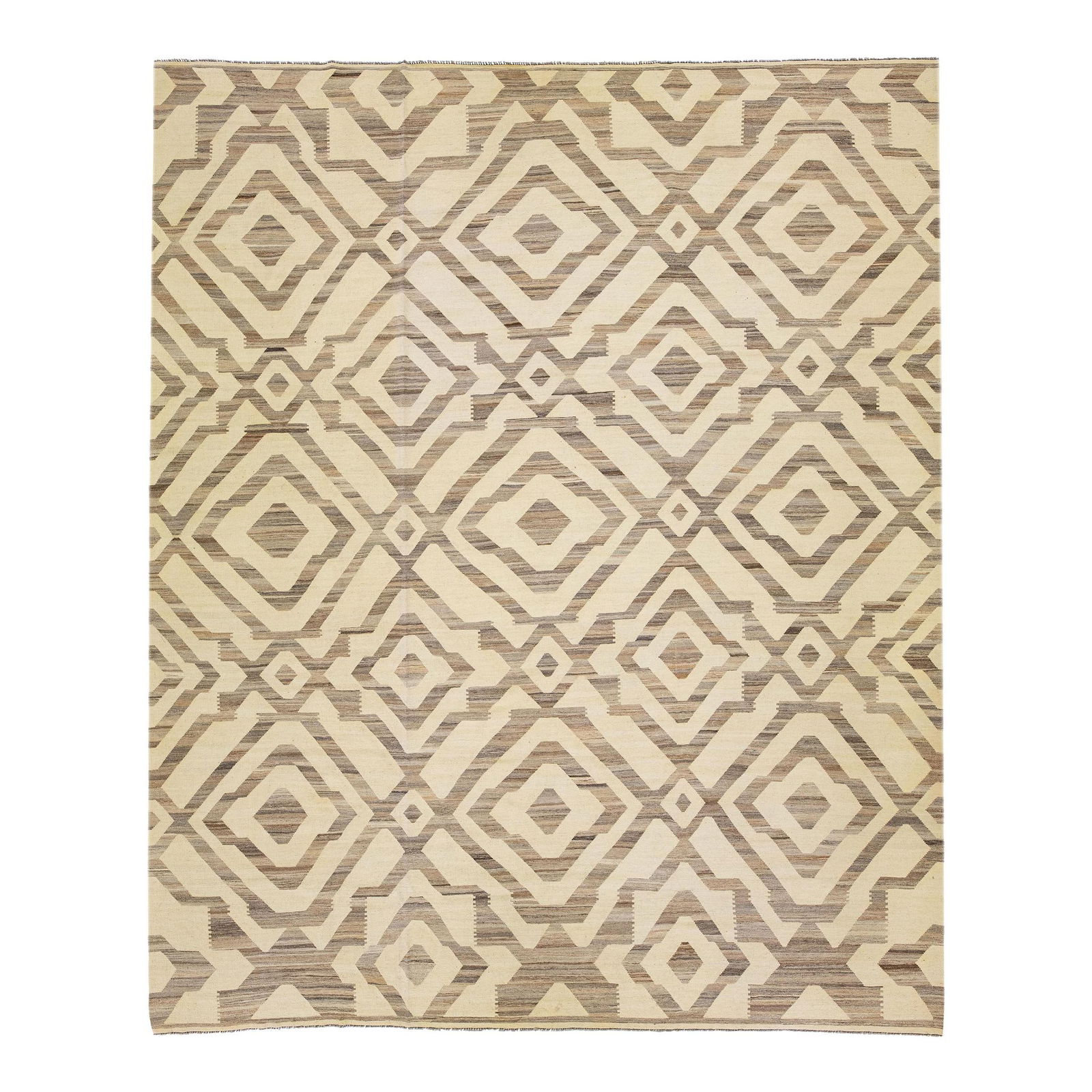 1960s Oversize Beige Kilim Wool Rug Geometric Design 12'7 x 14'9 (1 of 7)
