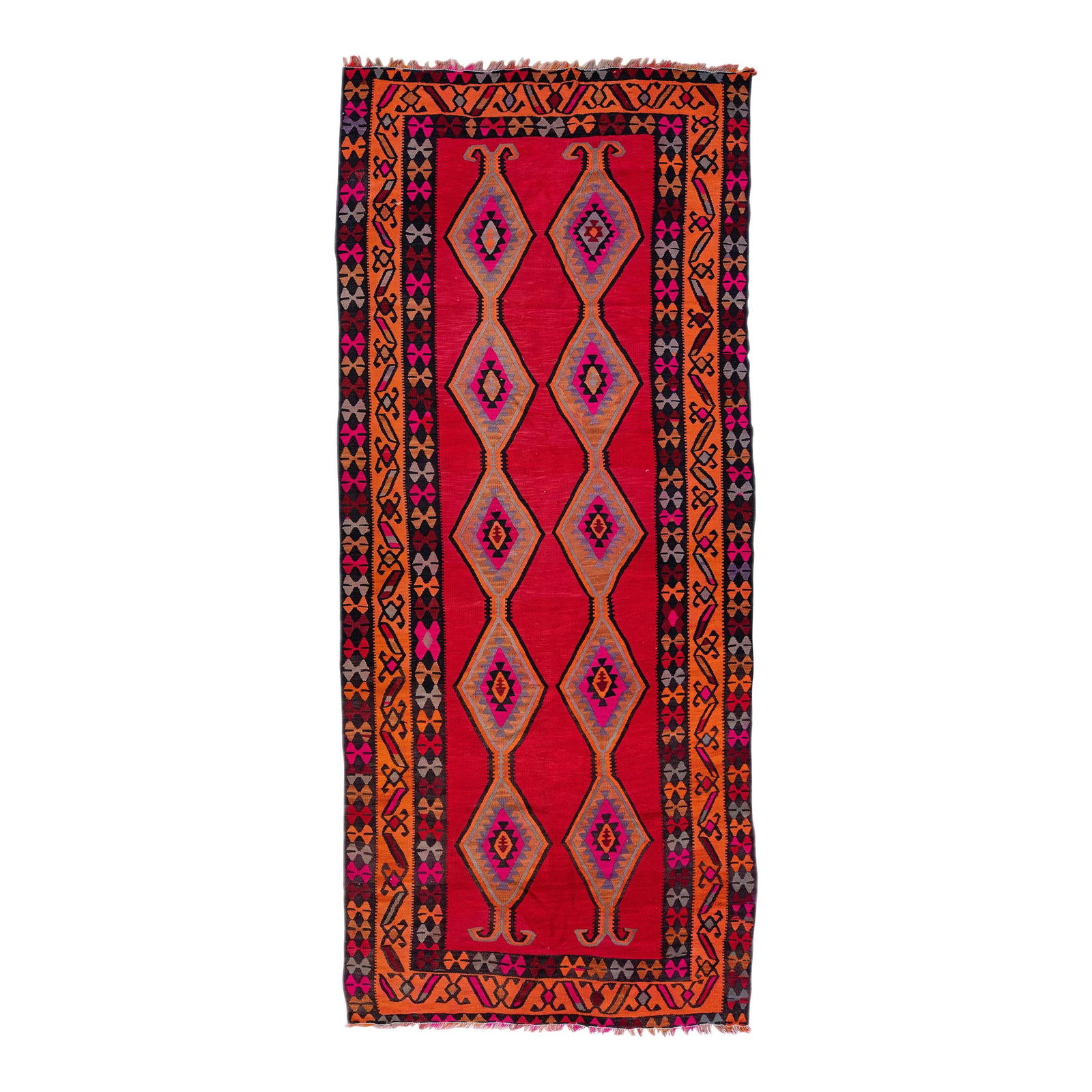 Vintage Turkish Kilim Wool Runner Red Tribal Geometric 5'10 x 13'1: Vintage Turkish Kilim Wool Runner Red Tribal Geometric 5'10 x 13'1 Discover the charm of this vintage Turkish Kilim runner, expertly hand-knotted from high-quality wool. Featuring a striking red field
