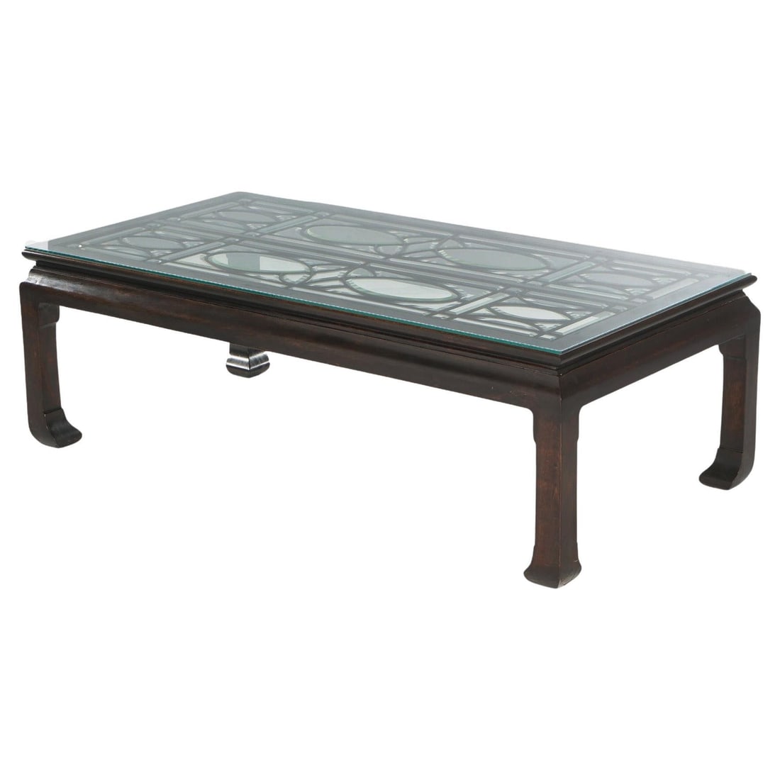 Antique Chinese Mahogany Coffee Table Leaded Beveled Glass Top C1920: Antique Chinese Mahogany Coffee Table Leaded Beveled Glass Top C1920 This exquisite antique Chinese coffee table, dating back to circa 1920, features a beautifully crafted mahogany frame. The standout