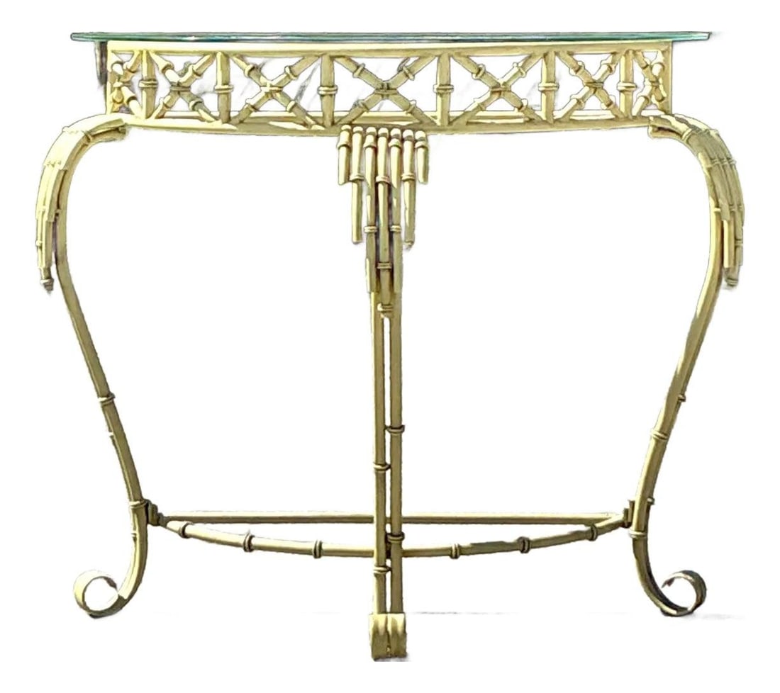 Vintage Coastal Celadon Metal Bamboo Demilune Table with Glass Top: Vintage Coastal Celadon Metal Bamboo Demilune Table with Glass Top Elevate your decor with this vintage coastal metal bamboo demilune table, designed to add a touch of tropical elegance to any space.