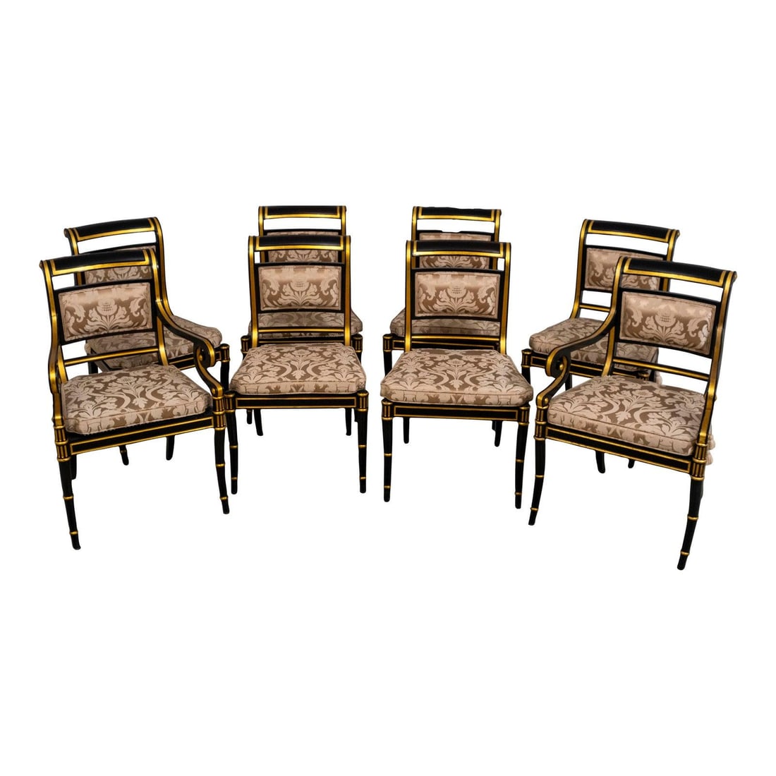 Set of 8 Baker Regency Dining Chairs Silk Cushions Cane Seats (1 of 10)