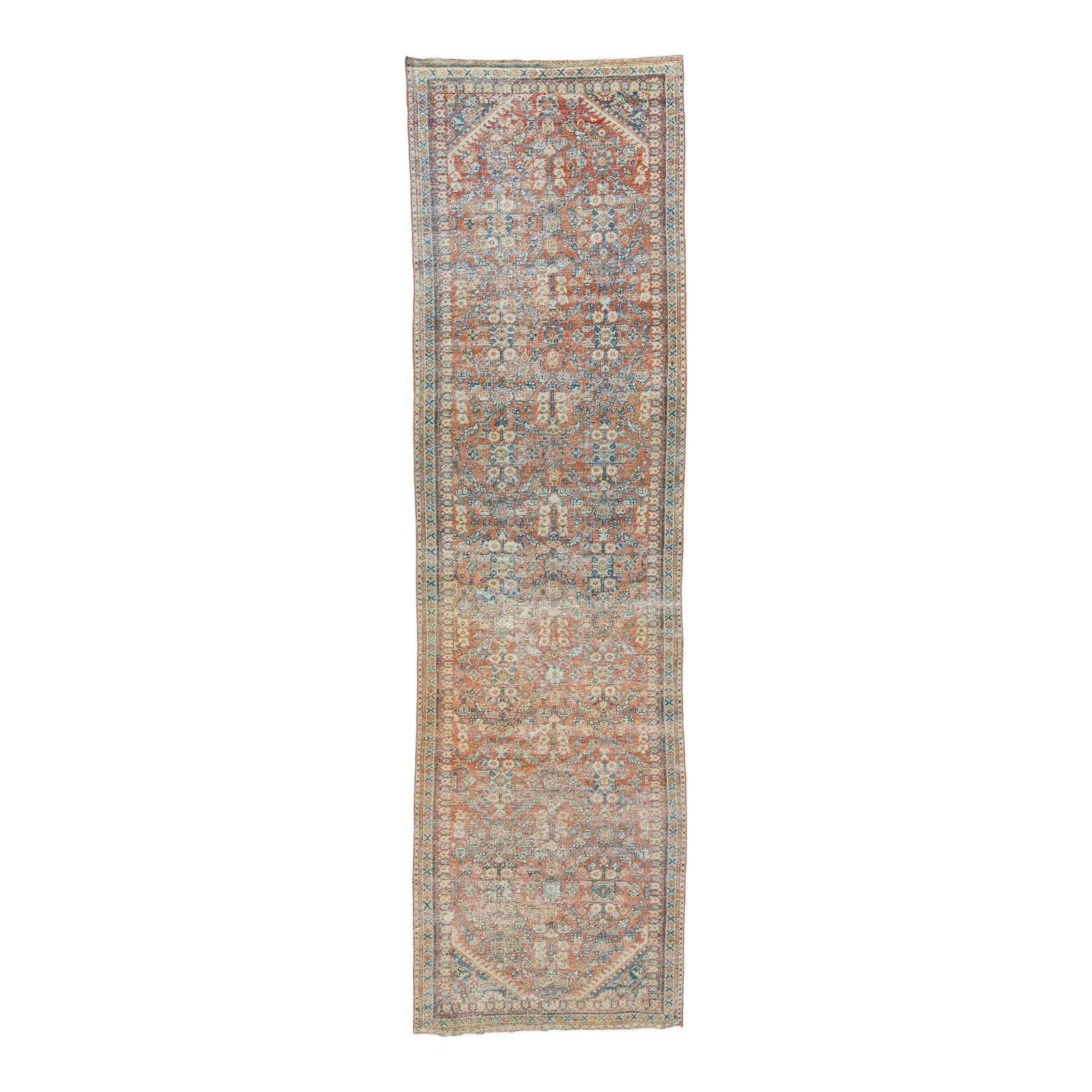 1920s Persian Mahal Wool Runner Red Floral Design 3'2 x 12'5: 1920s Persian Mahal Wool Runner Red Floral Design 3'2 x 12'5 This exquisite 1920s Persian Mahal wool runner features a rich red-rust main field adorned with an intricate all-over floral pattern in sha