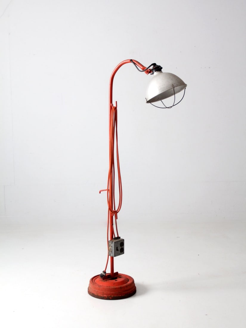 Vintage Industrial Floor Lamp Orange Metal Base Aluminum Shade (1 of 11)