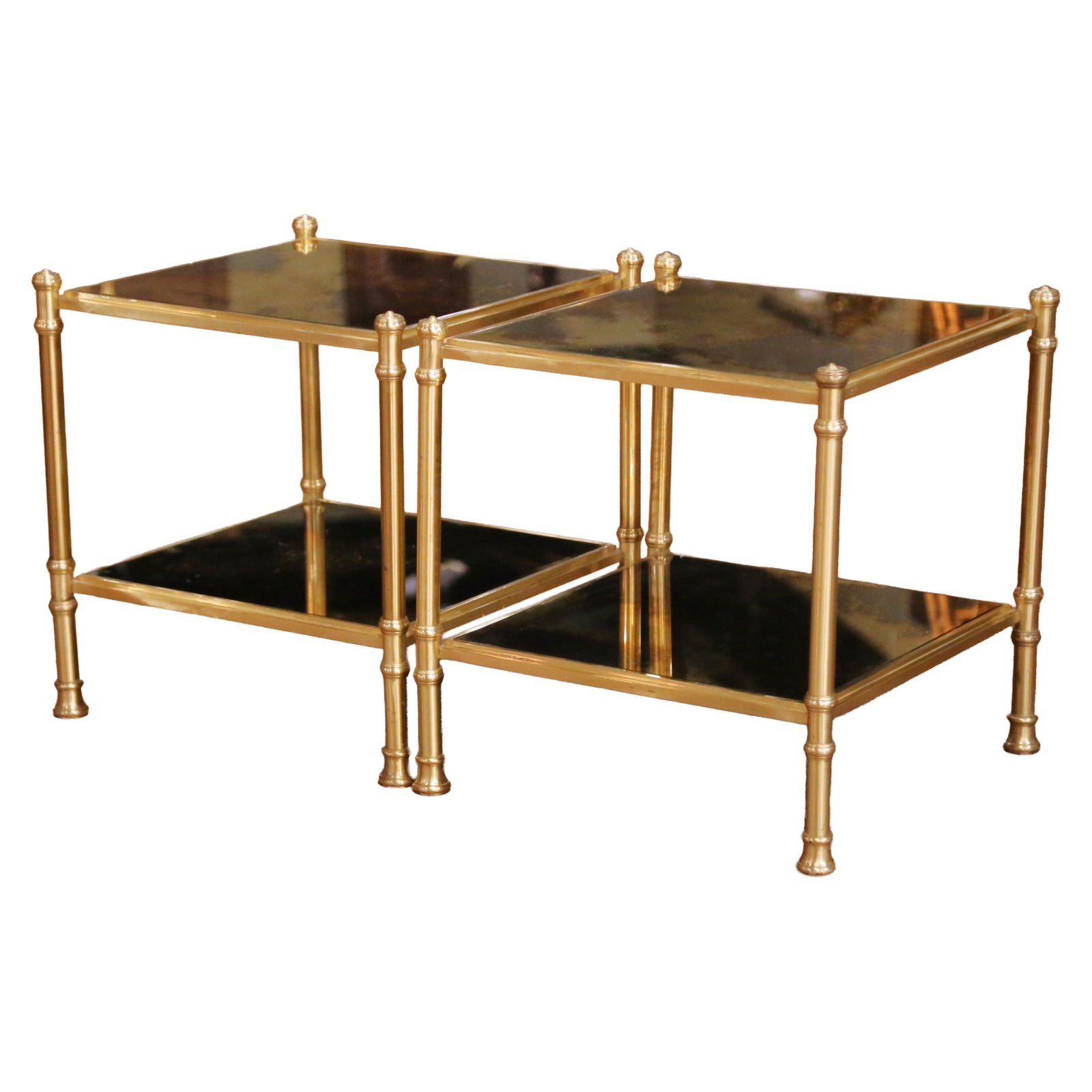 Set of 2 French Brass and Smoked Glass Mid-Century Modern Two-Tier Tables (1 of 7)
