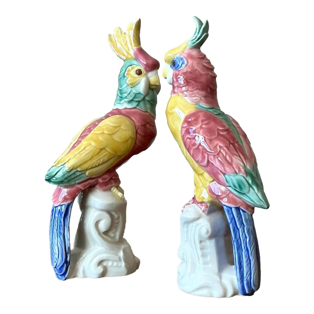 Pair of Glazed Ceramic Cockatoos in Regency Style Hand Painted Set of 2: Pair of Glazed Ceramic Cockatoos in Regency Style Hand Painted Set of 2 This set includes two vintage Regency hand-painted ceramic birds, each featuring vibrant yellow, pink, teal, and cobalt blue hue