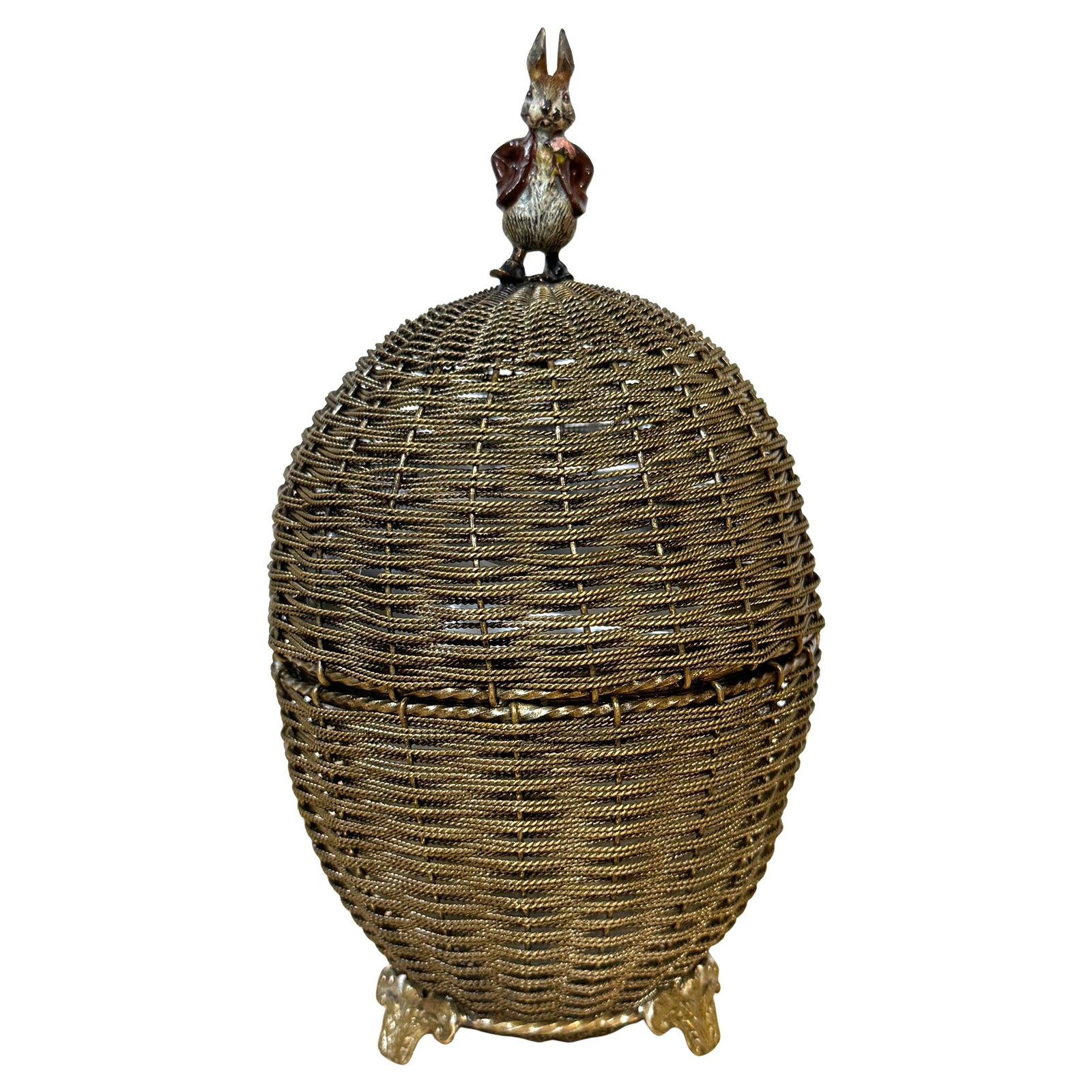 Franz Bergman Attributed 1890s Woven Bronze Box with Rabbit: Franz Bergman Attributed 1890s Woven Bronze Box with Rabbit Discover a remarkable Vienna woven bronze basket box, featuring a charming cold-painted rabbit, attributed to the Franz Bergman School of Au