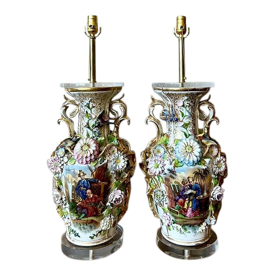 Pair of Old Paris Style French Porcelain Chinoiserie Urn Lamps with Gilt Birds (1 of 10)