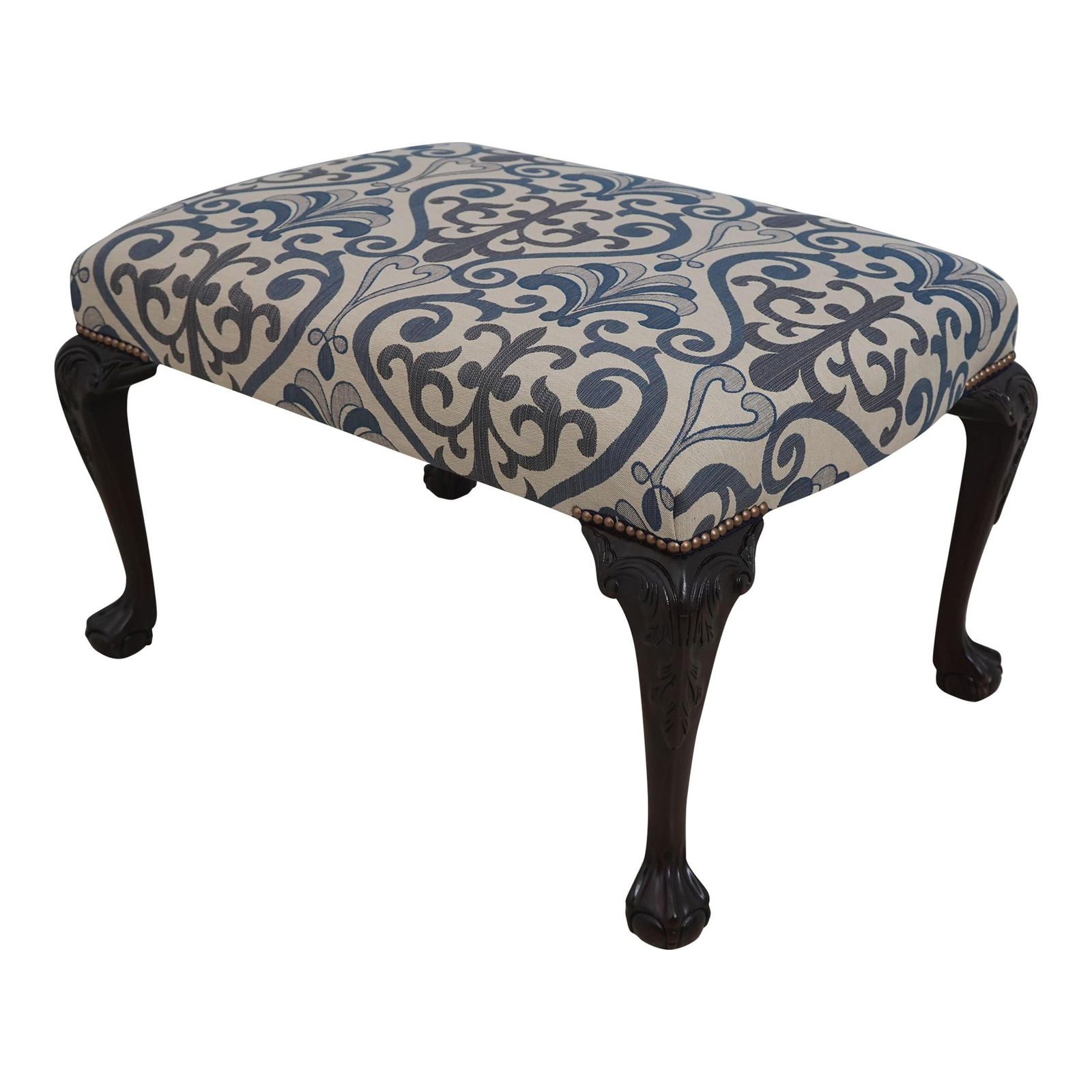 Chippendale Mahogany Bench Newly Upholstered in Blue Beige Damask (1 of 10)