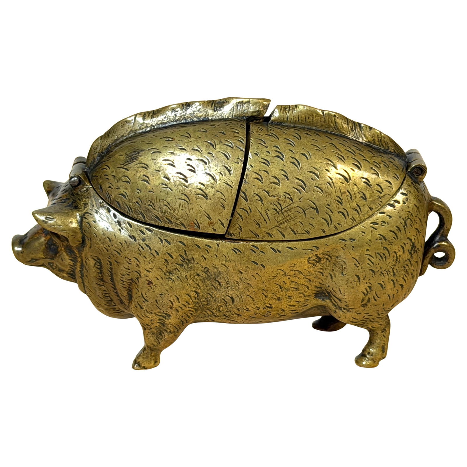 Victorian Brass Pig Inkwell Set of 4 C. 1875 with Articulated Lids: Victorian Brass Pig Inkwell Set of 4 C. 1875 with Articulated Lids This remarkable Victorian English Brass Figural Pig Inkwell, dating to circa 1875, captures the whimsy and craftsmanship of the era.