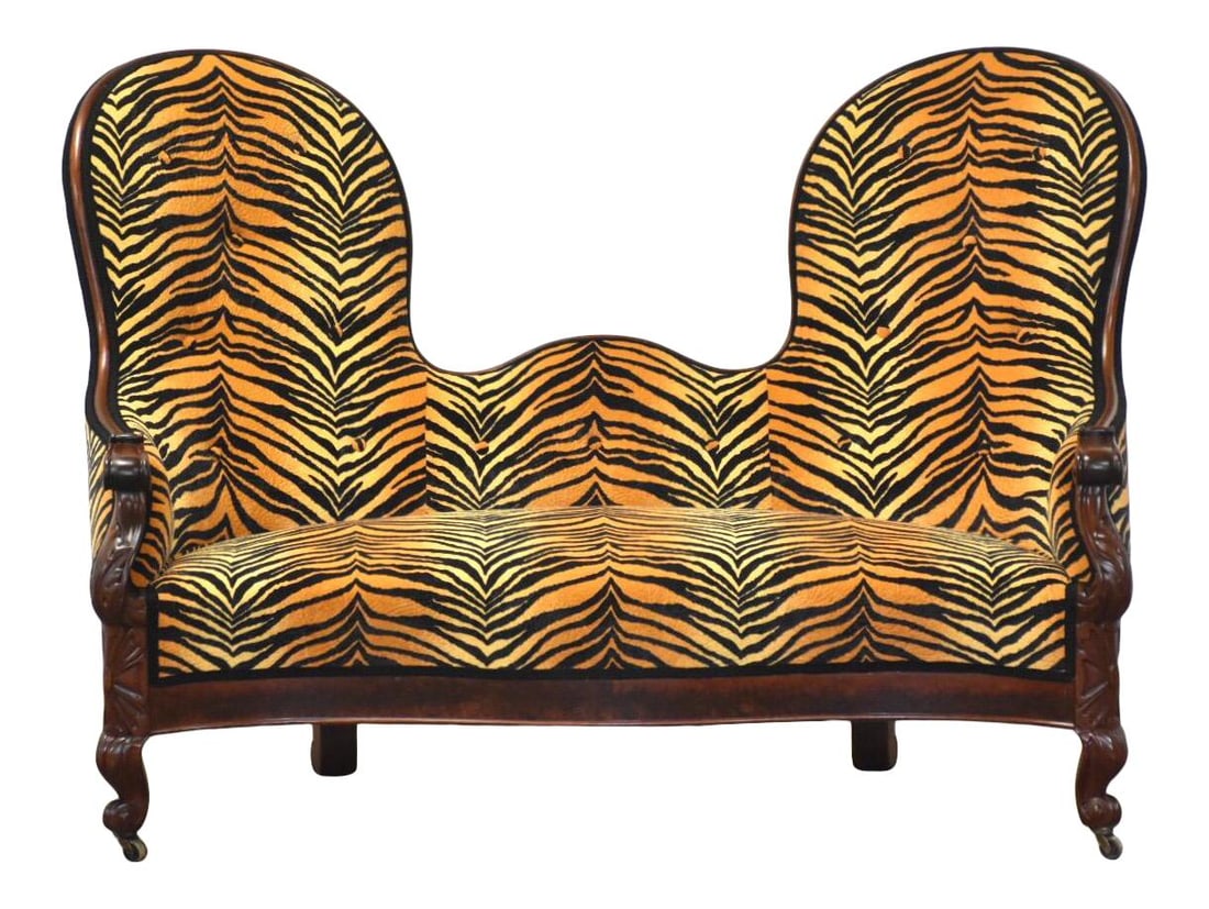 Late 1800s Victorian Spoonback Sofa Mahogany Frame Tiger Print Fabric (1 of 9)
