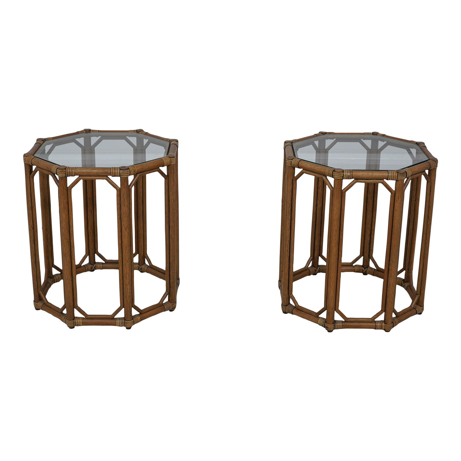 Elegant Pair of Octagonal Bamboo Lamp Tables with Glass Top (1 of 10)