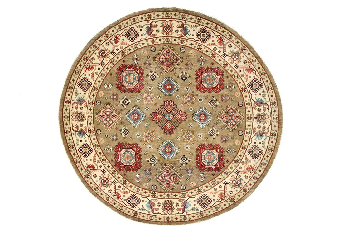 Handmade Kazak Round Wool Rug Tribal Geometric Vintage Style 9'0 x 8'9: Handmade Kazak Round Wool Rug Tribal Geometric Vintage Style 9'0 x 8'9 Introducing a stunning Handmade Kazak Round Rug featuring a captivating geometric tribal design. This exquisite rug measures 9'0"