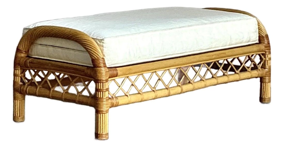 Trellis Design Rattan Bench With Cream Cushion By Bielecky Brothers: Trellis Design Rattan Bench With Cream Cushion By Bielecky Brothers This vintage rattan bench by Bielecky Brothers showcases exceptional craftsmanship, featuring reeded top and bottom rails and intric