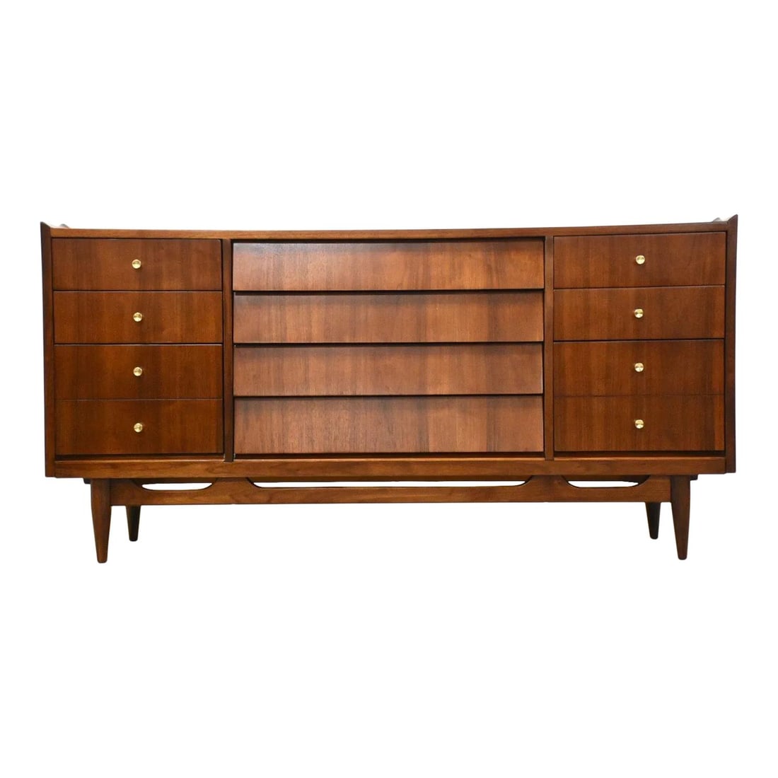 Mid Century Walnut Dresser with Brass Knobs 62x18x31.5: Mid Century Walnut Dresser with Brass Knobs 62x18x31.5 Discover this exquisite mid-century modern walnut dresser, featuring elegant louvered drawer fronts and stylish brass knobs. This piece has been