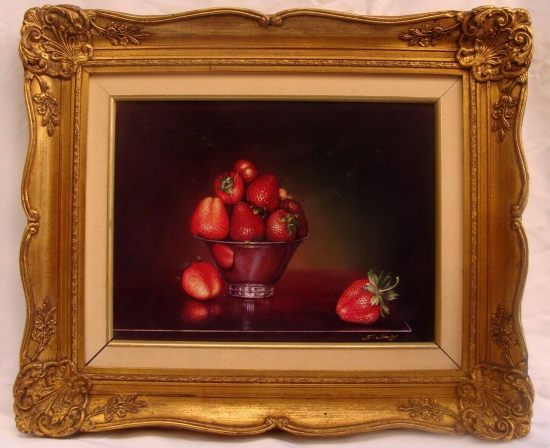 Framed Still Life Oil Painting of Strawberries by T. Amiry: Framed Still Life Oil Painting of Strawberries by T. Amiry This exquisite oil on board still life painting features vibrant strawberries presented in a sterling silver bowl, created by renowned