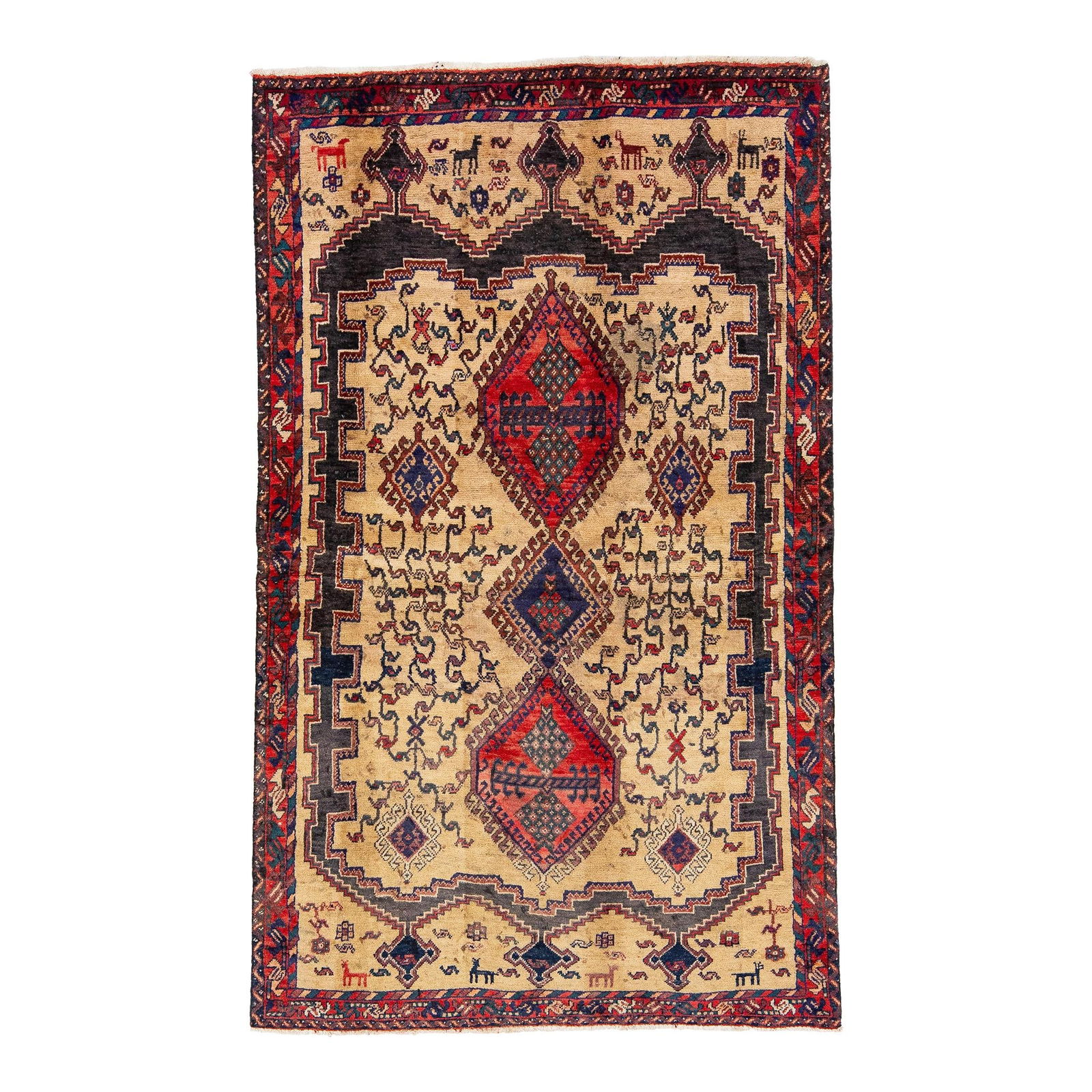 Vintage Handmade Shiraz Navy Blue Medallion Wool Rug 4'1 x 6'9: Vintage Handmade Shiraz Navy Blue Medallion Wool Rug 4'1 x 6'9 Discover the timeless beauty of this vintage handmade Shiraz rug, featuring a rich navy blue field adorned with a striking red frame and