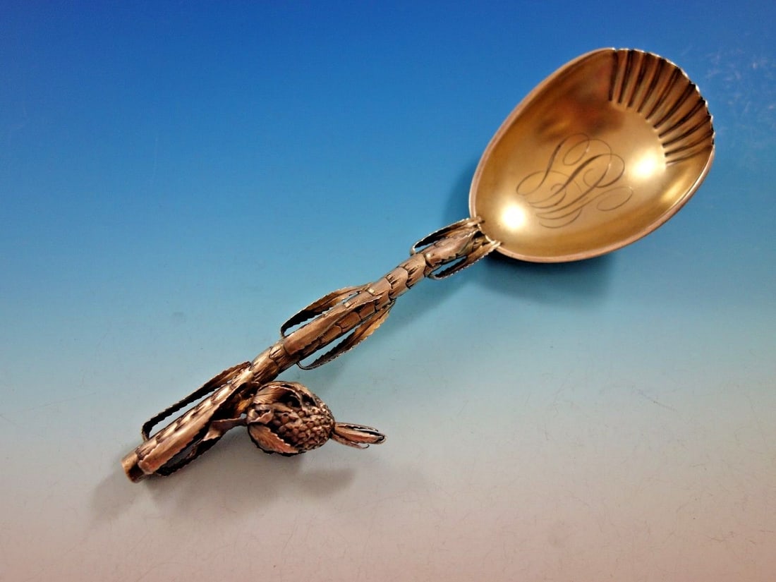 Gorham Art Silver Pineapple Spoon Sterling Silver 8 3/4 Monogrammed AJS: Gorham Art Silver Pineapple Spoon Sterling Silver 8 3/4 Monogrammed AJS This exquisite serving spoon, crafted by Gorham, dates back to the Art Silver period between 1860 and 1883. Made from high-quali