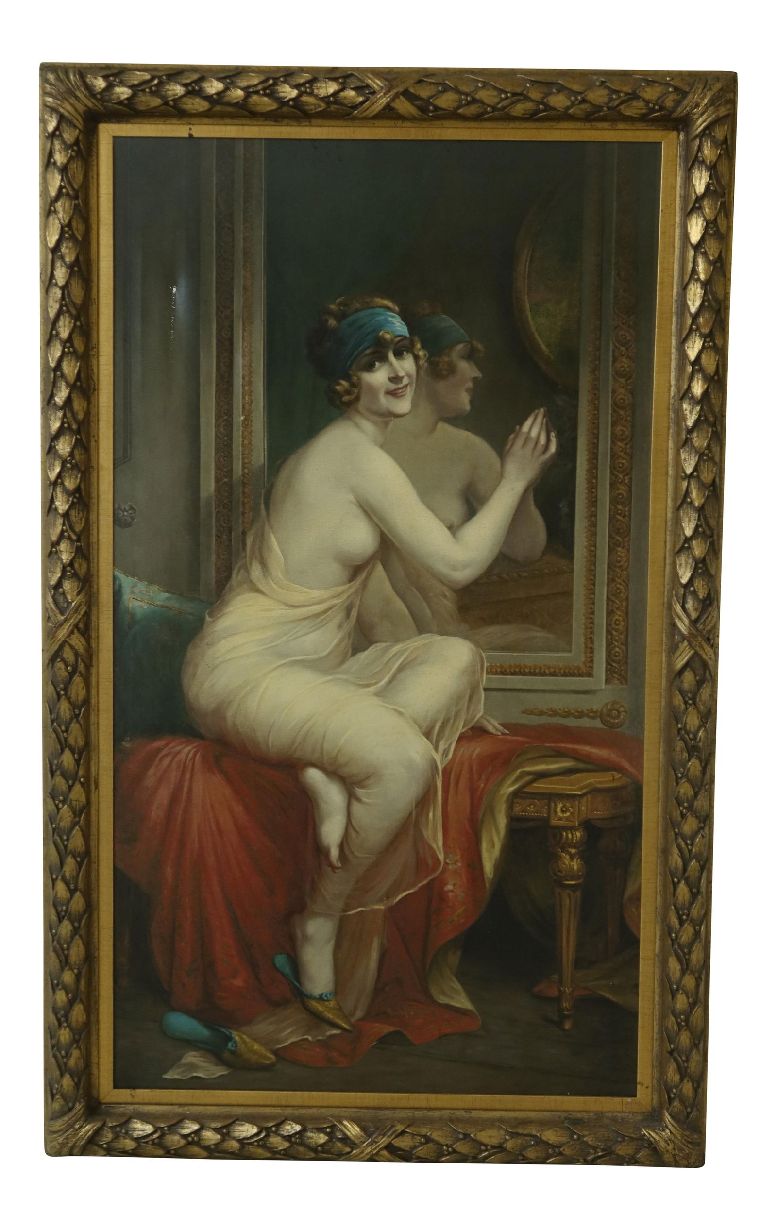 Vintage Framed Oil Painting Woman in Mirror Gold Wood Frame 32x52: Vintage Framed Oil Painting Woman in Mirror Gold Wood Frame 32x52 This exquisite framed French oil painting on canvas depicts a woman in front of a dressing mirror, showcasing a stunning vintage aesth