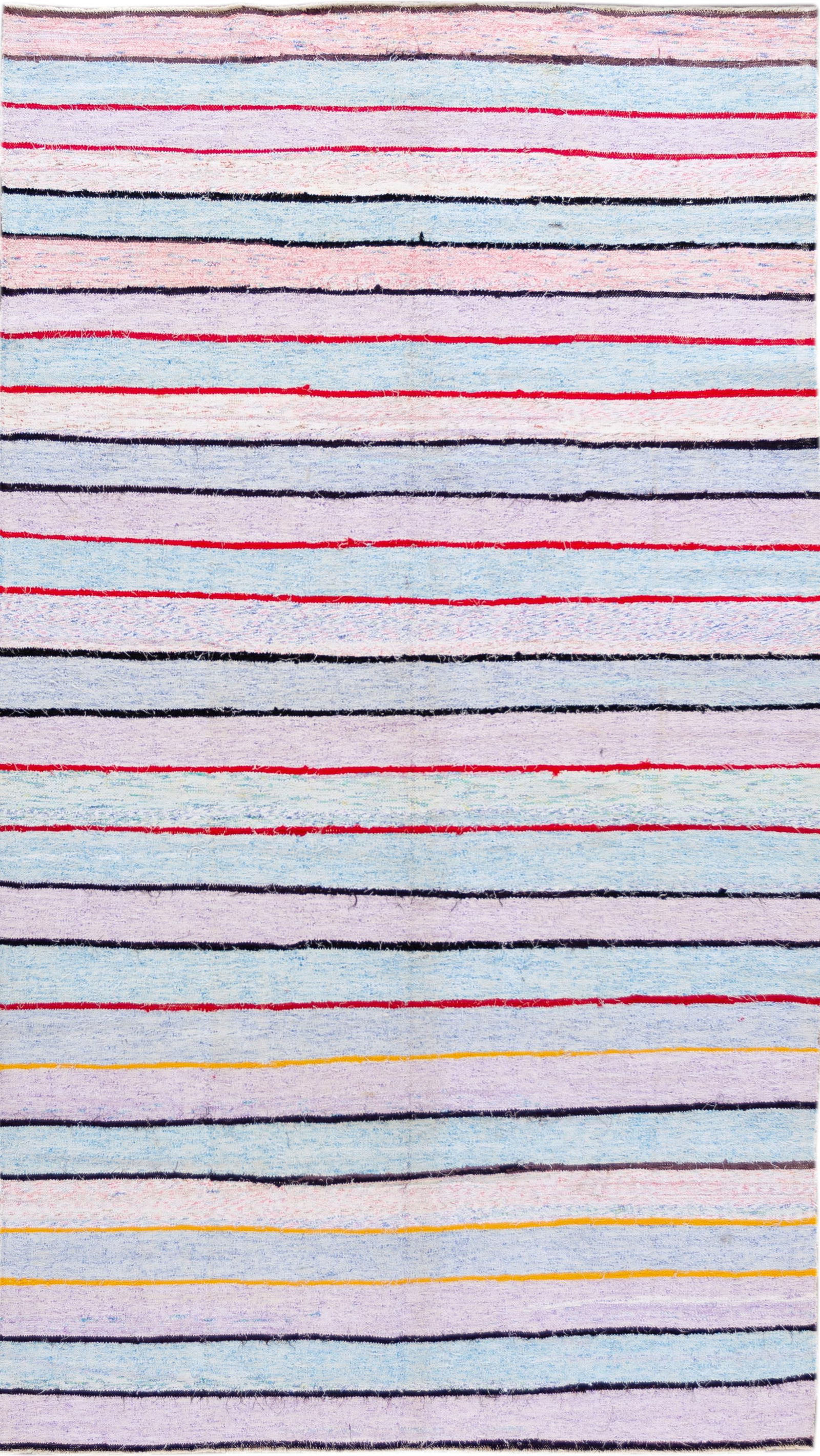 Mid-Century Turkish Wool Kilim Rug 6'2" x 11' Striped Design: Mid-Century Turkish Wool Kilim Rug 6'2" x 11' Striped Design This stunning vintage Turkish Kilim rug features a captivating multicolored lavender and blue striped design. Handwoven with care, this fla