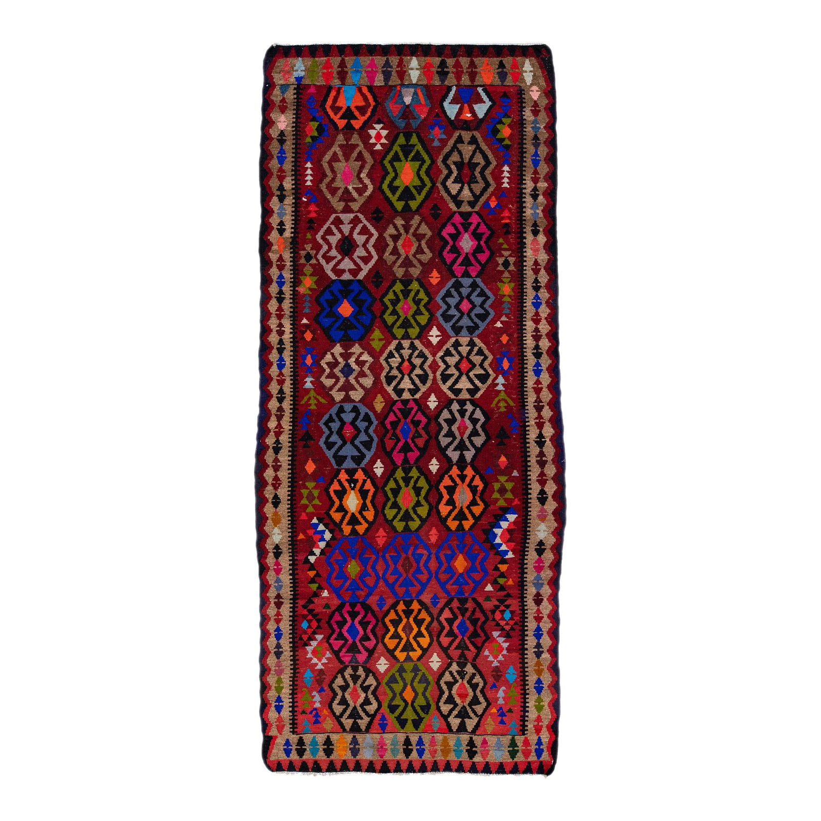 Vintage Turkish Kilim Hand-Knotted Wool Rug 4'9 x 11'4 Multicolor Tribal Design: Vintage Turkish Kilim Hand-Knotted Wool Rug 4'9 x 11'4 Multicolor Tribal Design This stunning vintage Turkish Kilim rug showcases exquisite craftsmanship with its hand-knotted wool construction. Featu