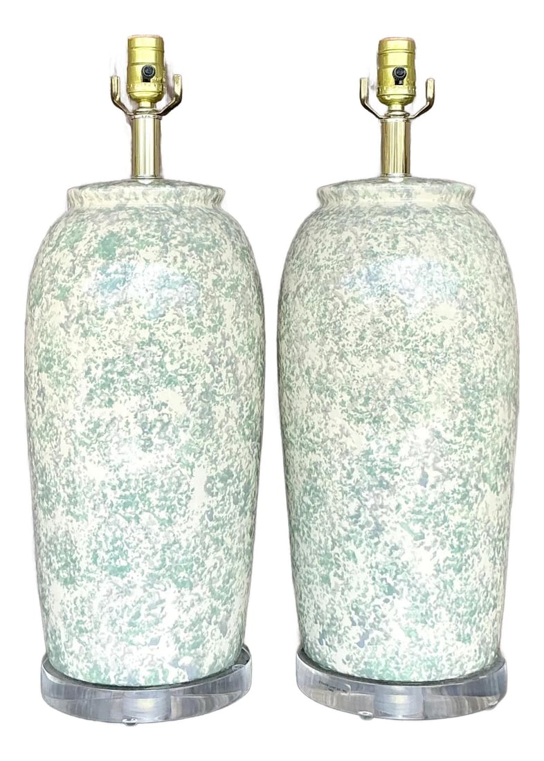 Vintage Boho Celadon Ceramic Lamps Pair with Acrylic Bases (1 of 8)