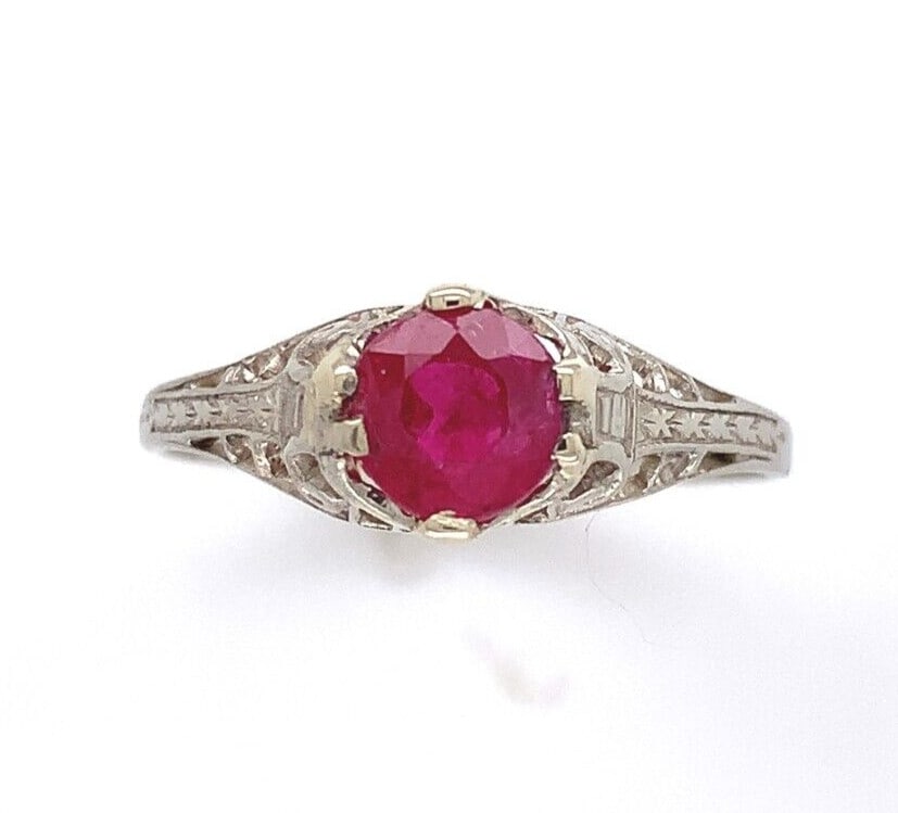 14k White Gold Art Deco Ruby Filigree Ring for Child Size 4.5 (1 of 10)