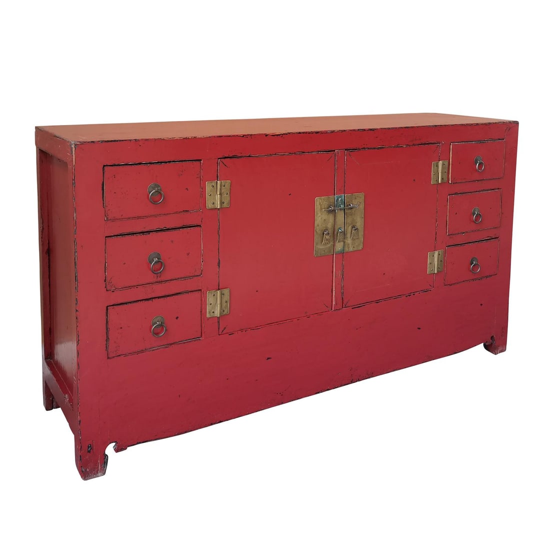 Chinese Antique Style Sideboard Reclaimed Pine Broken Red Finish (1 of 1)