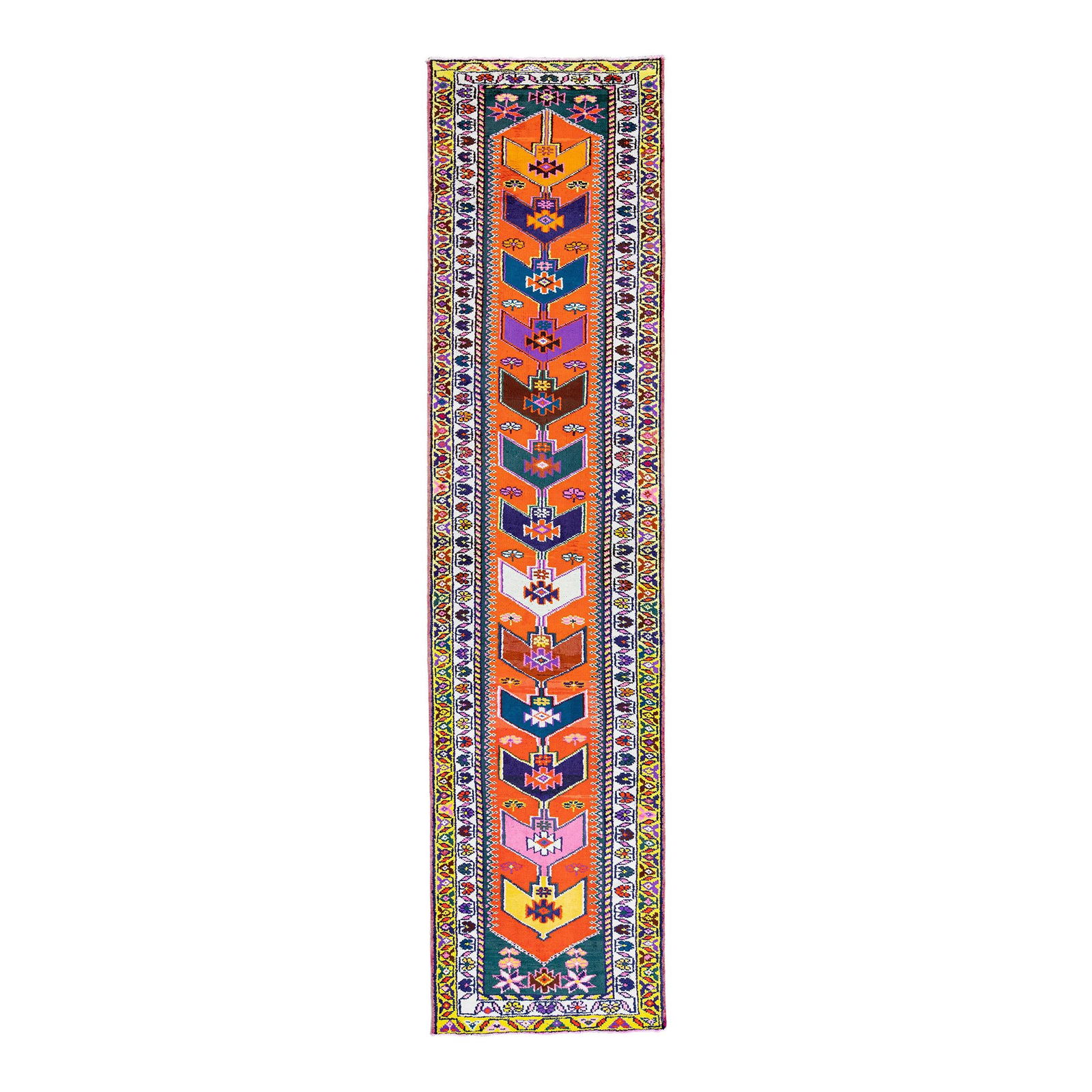 Vintage Turkish Handmade Wool Runner Orange Tribal Design 3'2" x 13'5": Vintage Turkish Handmade Wool Runner Orange Tribal Design 3'2" x 13'5" This stunning vintage Turkish hand-knotted wool rug showcases a vibrant orange field adorned with a beautifully designed white an