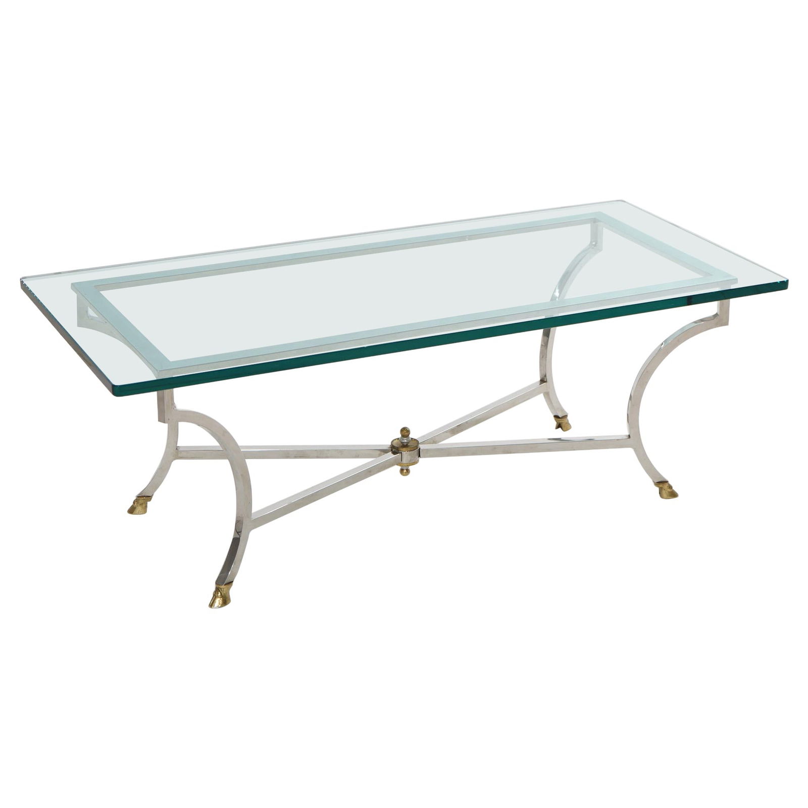 Glass Top Coffee Table with Chrome Base and Brass Hoof Feet Circa 1960 (1 of 10)