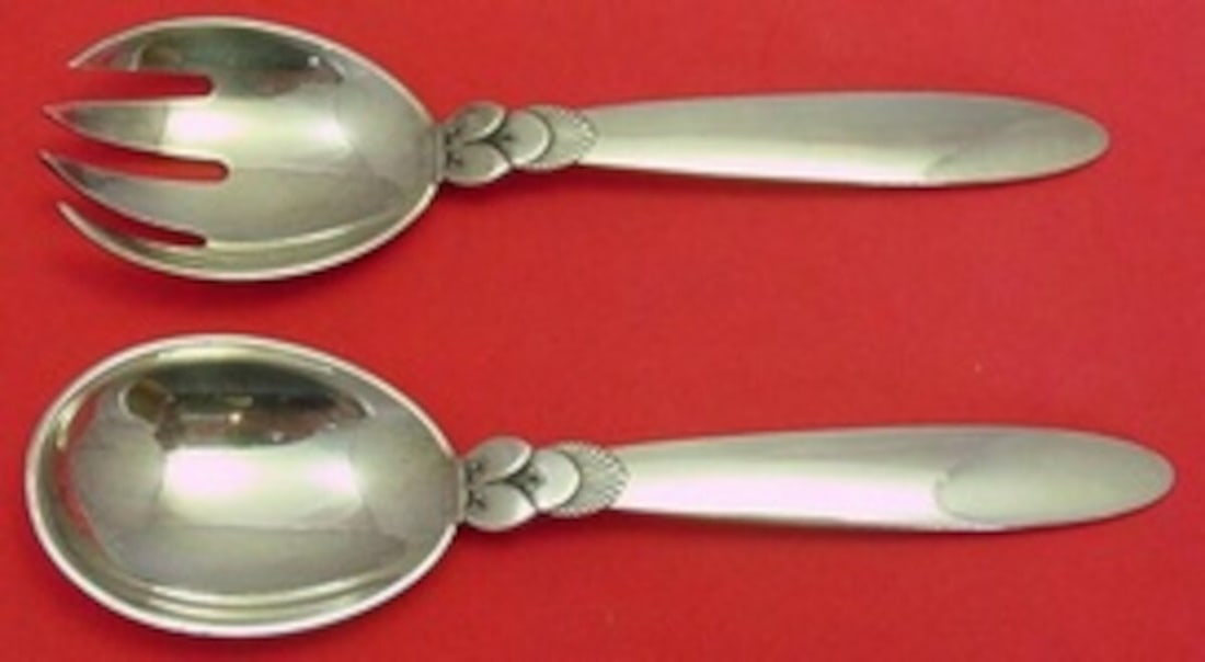 Georg Jensen Cactus Sterling Silver Salad Serving Set 2pc 6 5/8in (1 of 2)