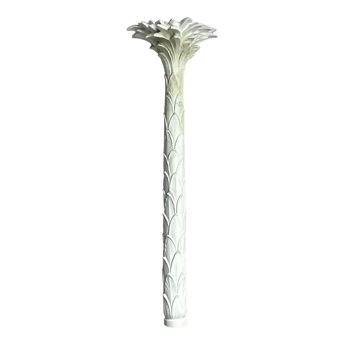 Hollywood Regency Palm Frond Plaster Torchiere Lamp in Off-White: Hollywood Regency Palm Frond Plaster Torchiere Lamp in Off-White This vintage Hollywood Regency cast plaster palm torchiere is a sculptural lighting fixture featuring a detailed palm frond design. Cra