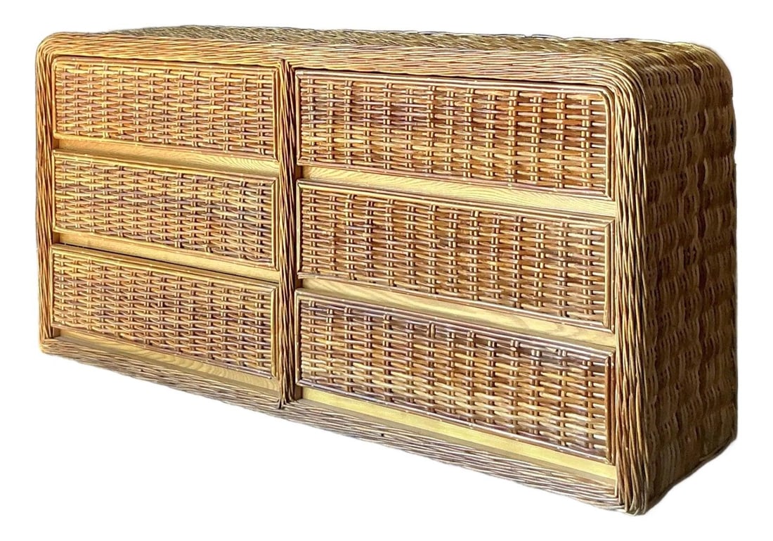 Six Drawer Rattan Waterfall Dresser Bohemian Coastal Style 1970s: Six Drawer Rattan Waterfall Dresser Bohemian Coastal Style 1970s This vintage dresser showcases a high-end bohemian aesthetic inspired by 1970s and 80s resort style. Expertly crafted from finely woven