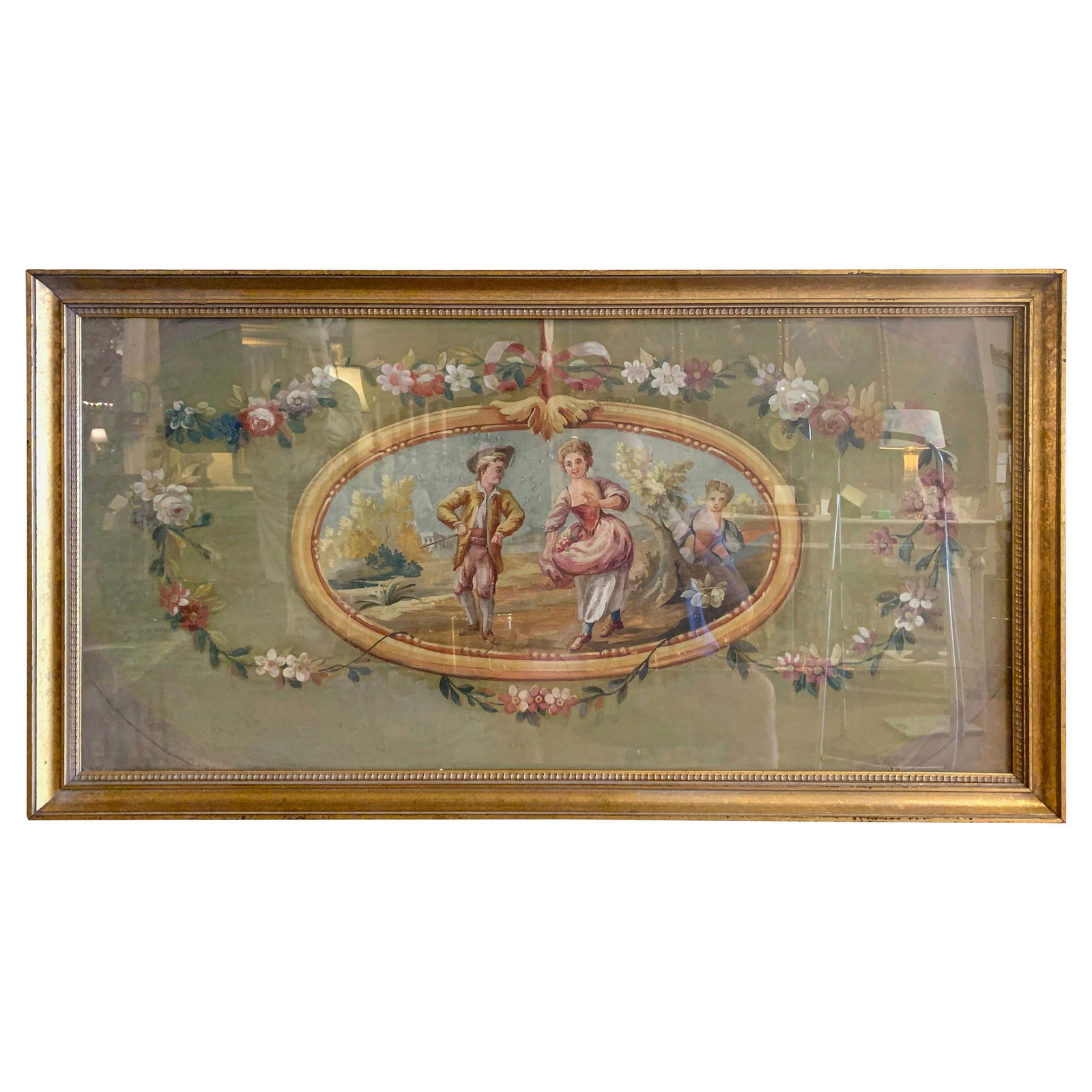 Mid-18th Century French Aubusson Gouache Courting Scene in Gilt Frame (1 of 8)