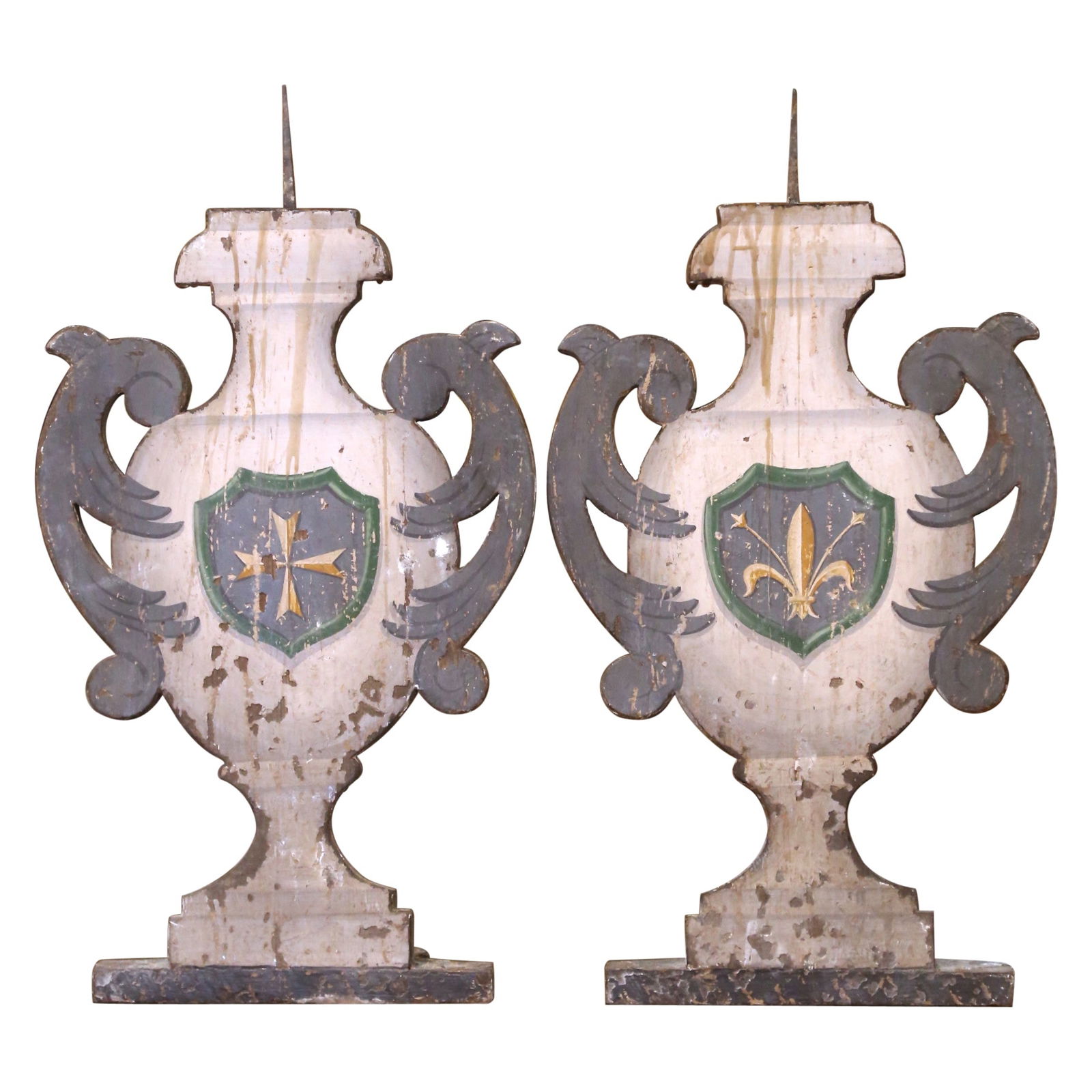 Set of 2 19th Century Italian Hand-Painted Pricket Candlesticks: Set of 2 19th Century Italian Hand-Painted Pricket Candlesticks Enhance your decor with this exquisite pair of 19th Century Italian Painted Wood Altar Prickets, designed to add an ecclesiastical charm
