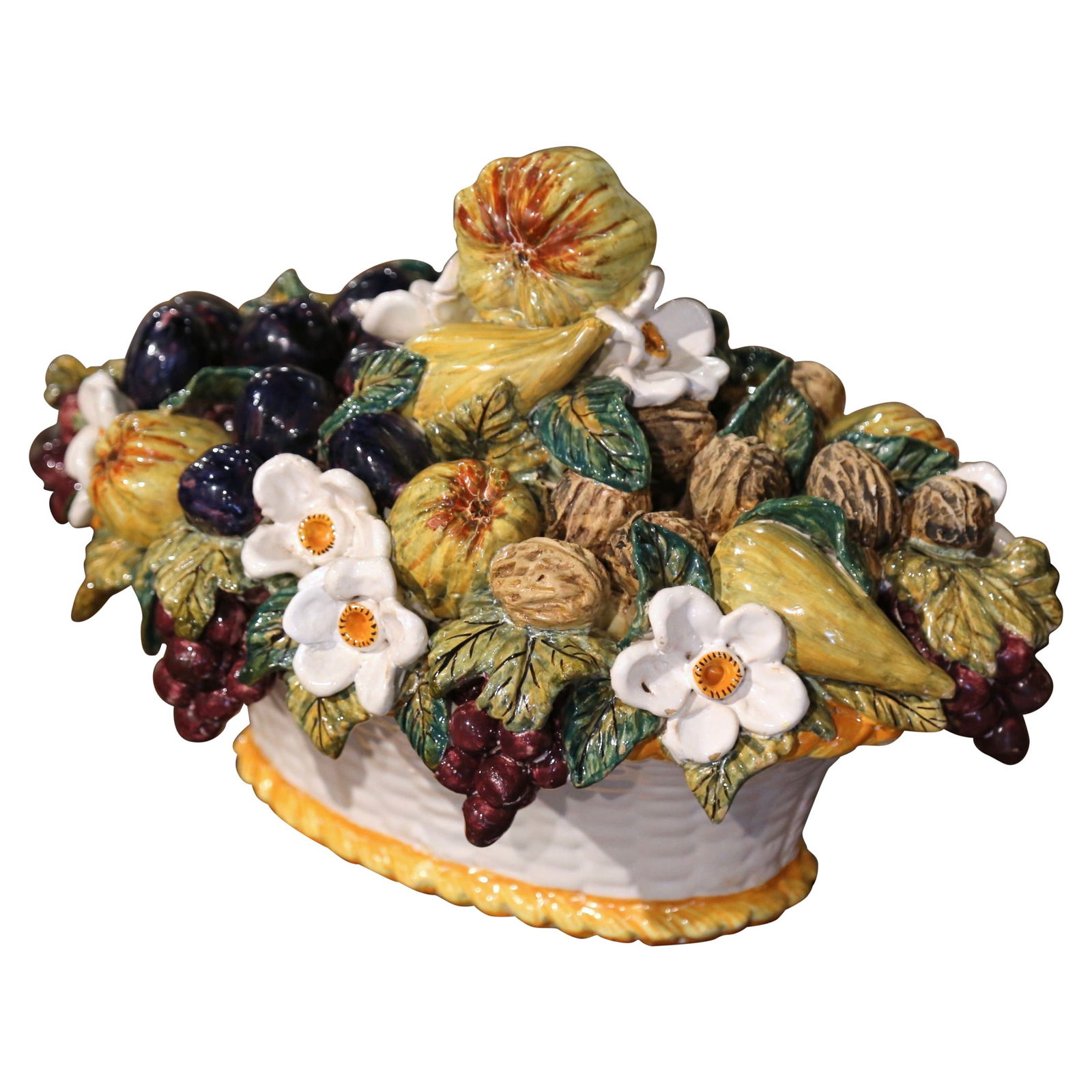 French Majolica Barbotine Fruit Basket Ceramic Centerpiece circa 1960: French Majolica Barbotine Fruit Basket Ceramic Centerpiece circa 1960 This mid-century French centerpiece is a hand-painted barbotine ceramic fruit basket, crafted circa 1960. The piece features a rea