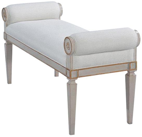Afton Swedish Gustavian Pewter Bench Sand Linen Upholstery Gold Accents (1 of 4)